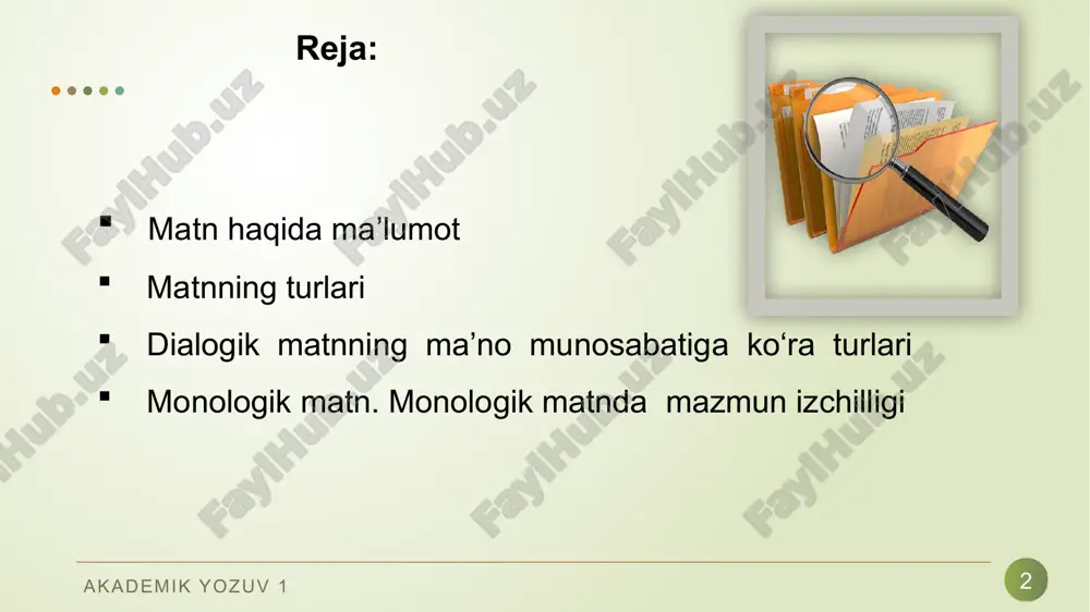 7 ma’lumotnoma matnida bo‘lib o‘tgan voqea-hodisa yoki mavjud holat haqida oddiy axborot beriladi. ijodiy-tavsifiy matn so‘zlovchi yoki yozuvchi tomonidan ijodiy ravishda bayon etilgan voqea-hodisa, narsa yoki shaxsning tasviri yoki xabar, ma’lumot- ning ijodiy-tavsifiy bayonidir. ilmiy, publitistik va badiiy uslublar, shuningdek, insho ham ijodiy-tavsifiy matnning ko‘rinishlaridir. akademik yozuv 1 dialogik matnning ma’no munosabatiga ko‘ra turlari 8 dialog-(yun. dialogos – gaplashish, suhbat) 1) ikki yoki undan ortiq kishining nutqiy muloqot, suhbat; 2) adabiy – badiiy matn komponenti, asardagi personajlarning nutqiy muloqoti berilgan o‘rinlar. akademik yozuv 1 monologik matn 9 monolog ( yunon. monos – yakka, logos – so‘z) - yakka shaxsning ayni paytda javob berilishini talab qilmaydigan, o‘zgalar replikalari bilan bo‘linmagan nutqi. monolog og‘zaki shaklda (turli yig‘inlardagi nutq, ma’ruza, hisobotlar) ham, yozma shaklda (publitsistika, memuarlar va h.) ham keng qo‘llanadi. badiiy adabiyotda monologlardan turli maqsadlarda foydalaniladi. ayniqsa, drama- tik asarlarda monologlarning badiiy–estetik vazifalar doirasi ancha keng. akademik yozuv 1 10 murakkab sintaktik …