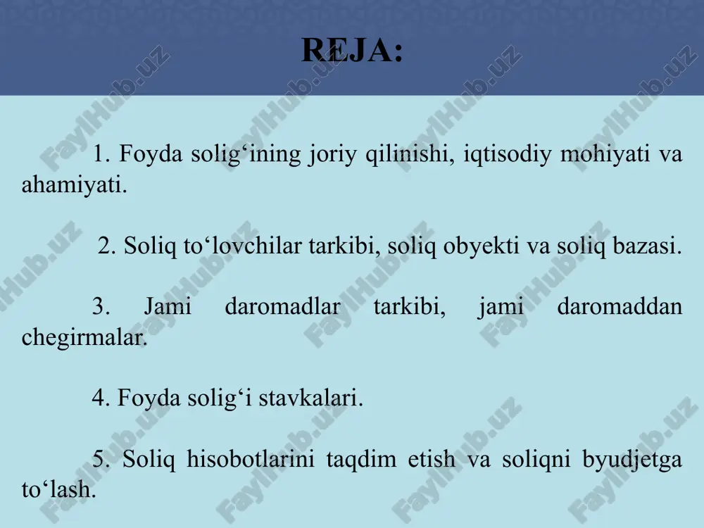 djetga olib ketar, qolgan mablag‘lar esa korxona tomonidan emas, balki yuqori tashkilot topshirig‘iga ko‘ra tegishli jamg'armalarga taqsimlanar edi. bozor munosabatlari rivojlanishi bilan iqtisodiyotni soliqlar yordamida tartibga solish xususan, foydadan ajratmalar o‘rniga daromad solig‘ini joriy etish zarurati paydo bo‘ldi va 1992-yildan boshlab barcha turdagi xo‘jalik yurituvchi subyektlar «daromad» solig‘ini to‘lashga o‘tdilar. o‘zbekiston respublikasi rubl mintaqasida qolib turgan vaqtda daromad solig‘ini olishga o‘tish pul qadrsizlanishi tufayli ish haqi o‘sishini cheklash uchun davlat tomonidan majburiy chora bo‘ldi. bunday sharoitda ishlab chiqaruvchilarning moliyaviy ahvoli yomonlasha boshladi. natijada mahsulotga talab pasayib, sotishdan olingan tushum hajmi kamaygani holda, ular o‘z ishlab chiqarishlari yo‘nalishini o‘zgartirishga, foyda olmasalar ham juda katta miqdorda ishchilarga ish haqi to‘lashga majbur bo‘ldilar. bunday holatda amaliyotda korxonalar hisobot davrida faoliyatlarini foyda bilan yakunlamasada, daromad solig‘ini ish haqi jamg'armasidan belgilangan stavkada to‘lashga majbur edilar. foyda solig‘ining joriy qilinishi, iqtisodiy mohiyati va ahamiyati 1995-yil 1-yanvardan boshlab soliqlarning rag‘batlantiruvchi rolini kuchaytirish maqsadida mamlakatimizda korxonalarning foydasidan olinadigan …
