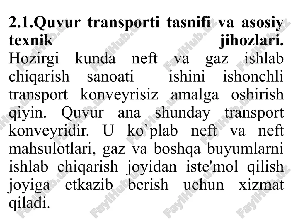 -yo`ldagi liniya uzellariga parallel yoki qo`shiluvchi magistralni tutashtiruvchi va ularning biror yerini ta'mirlash vaqtida to`sib bo`g`ib quyuvchi qurilmalar kiradi. neft, neft mahsulotlari va qaz yuborgichlar texnik jihozlari majmuiga ayrim qurilma va inshootlar (masalan, neftni gazlardan tozalash. quyuqrok neft va neft mahsulotlarini yuborishdan oldin isitib suyultirish, gazlarni tozalash va zarurat bo`lganda uning namligini kamaytirish qurilmalari, gazlarni taqsimlash bekat(gtb) ilar va boshqalar kiradi. 10 neft, gaz va ayrim boshqa mahsulotlar yuboriladigan quvurlar tarkibiga neft va gaz saqlovchi katta idish(rezervuar) va er osti saqlash qurilmalari ham kirishi mumkin. rezervar va er osti gaz saqlash qurilmalari, odatda, po`latdan yoki temirbetondan ishlangan bo`ladi, ular sig`imlari bir necha o`n yoki yuz ming kubometrgacha bo`lishi mumkin. mana shundayer osti gaz saqlash qurilmalaridan o`zbekiston hududida bir nechtasi bor. bunday saqlagichlar plastmassa yoki armaturali shisha paxtasi «steklovata» materiallari bilan qoplanadi. ayrim hollarda esa vaqtincha bosh qolgan konlarni ham ayni maqsadlarda ishlatish mumkin. neft va gaz yuborish tizimlarida asosan po`latdan …