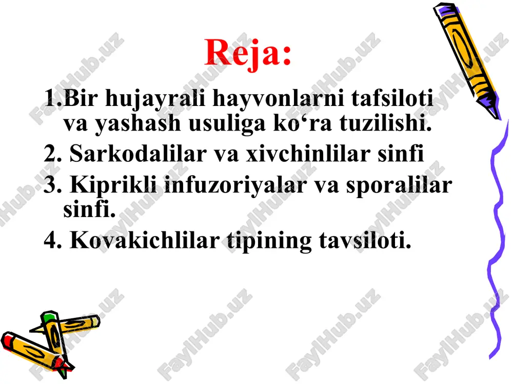 lishga ega. bu tipning vakillari yashash joylari, ko‘payishi va tana tuzilishiga qarab quyidagi sinflarga bo‘linadi gidroidlar sinfi – hydrozoa ssifoid meduzalar sinfi – scyphozoa marjon poliplari sinfi – anthozoa chuchuk suv gidrasining tashqi tuzilishi 3-rasm. gidraning tuzilishi: a) bo‘ylama kesim:1-paypaslagichlar, 2-tashqi qatlam, 3-ichki qatlam, 4-ichak bo‘shlig‘i, 5-og‘iz, 6-urug‘don, 7-tuxumdon va rivojlanayotgan zigota. .b) ko‘ndalang kesim: 1-tashqi qatlam, 2-ichki qatlam, 3-ichak bo‘shlig‘i, 4, 5-sanchuvchi kapsula-lar, 6-nerv hujayrasi, 7-bezsimon hujayra, 8-tayanch plastinka. ssifoid meduzalarning tuzilishi ildizog`iz meduzaning tuzilishi aureliya.1-og`iz,2-ropaliya,3-og`iz bo`laklari,4-halqa nay,5-radial naylar,6-paypaslagich,7-jinsiy bezlar koral poliplar e’tiboringiz uchun raxmat!