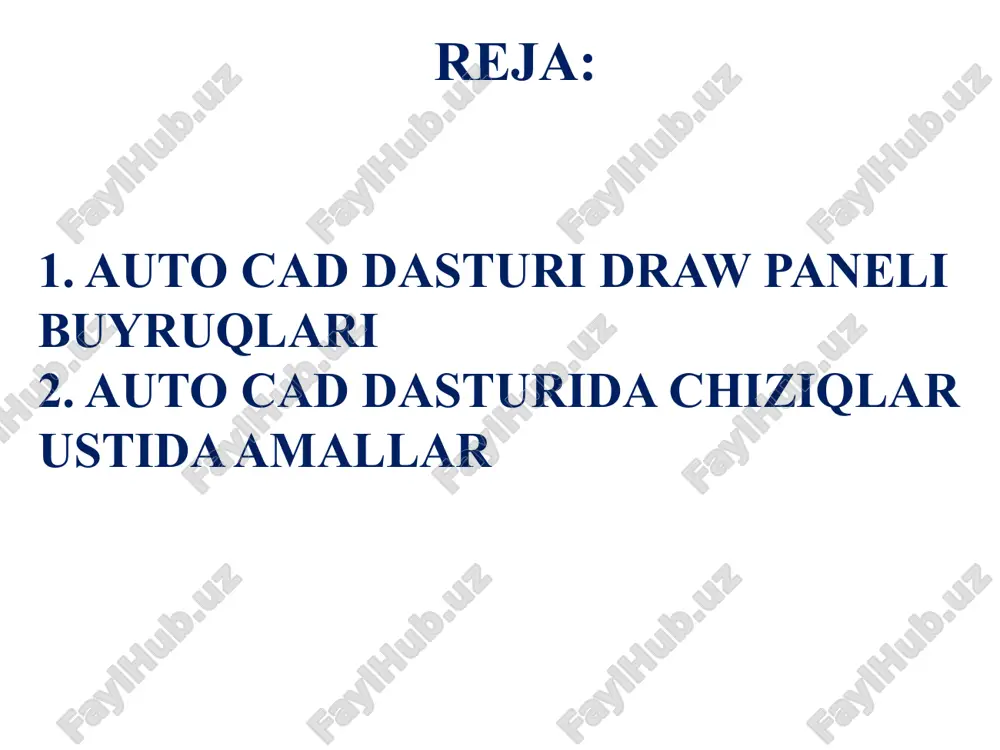 anlanadi. ellips arc – yoysimon ellips ellips arc buyrug’i tanlanadi 1. markaz ko’rsatiladi. 2. birinchi radius kiritiladi (30) enter. 3. ikkinchi radius kiritiladi (15) enter tugmasi bosiladi. 4. arc boshlanish va 5. tugash nuqtasi ko’rsatiladi insert block - bloklangan shakllarni chiqarish. insert block tanlanadi ochilgan oynadan bloklangan shakllardan biri belgilanib masshtabi va gradiusi kiritiladi enter tugmasi bosiladi make block - shakllarni bloklash. bloklanmoqchi bo’lgan shakllar tanlanadi make block tanlanadi blokni nomi yoziladi, parametrlari sozlanadi enter tugmasi bosiladi point - nuqta chizmani sohasini nuqtalar bilan ajratib belgilab quyishda ishlatiladi. (nuqtalarni belgili ko’rinishini o’zgartirish mumkin.) hatch - buyrug’i ko’rsatilgan sohani shtrix chiziqlar hosil qilish uchun ishlatiladi. hatch buyrug’i tanlanadi paydo bo’lgan oynadan select objects tanlanadi va obyekt belgilanadi enter, swatchdan shtrix turi tanlanadi va ok tugmasi bosiladi. hatch gradient - buyrug’i ko’rsatilgan sohani buyash uchun ishlatiladi. gradient buyrug’i tanlanadi paydo bo’lgan oynadan select objects tanlanadi va obyekt belgilanadi enter, colordan rang turi …