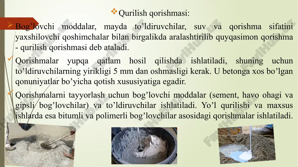‘ra tekislovchi va etakchi; uskuna texnologiyasiga ko‘ra, zichlovchi, o‘z – o‘zidan zichlovchi va suritma); ta’mirbop (yuzaki va in’eksion); himoyalovchi (ingibir, sanir, biotsid, olovga chidamli, korroziya himoyali, sovuqqa chidamli, radiatsion - himoyali); terma; montajli; bezakli; gidroizolyasion (yuzaki va ichki (in’eksionli, kapillyarli)); issiqlik – izolyasion; gruntovkali; qo‘llanilgan bog‘lovchiga ko‘ra, quruq qurilish qorishmalari quyidagilarga bo‘linadi; sementli; ohakli; gipsli; polimerli; murakkab. to‘ldiruvchi donalarining yirikligiga ko‘ra quyidagilarga bo‘linadi: betonli; qorishmali; dispersli. qorishmalarning xossalari qulay yoyiluvchanligi qotish vaqti quyuqlik darajasi mustahkamligi sovuqbardoshligi zichligi qurilish ishlarining umumiy hajmida pardozlash eng sermehnat ish bo‘lib, jami mehnat sarfining 20-25 % ini, shu jumladan bo‘yoqchilik va gulqog‘oz yopishtirish ishlari 10% dan ko‘prog‘ini tashkil etadi. mazkur ishlarning sermehnatliligini kamaytirish qurilishni industrlashtirish imkoniyatini beradi. industrlashning o‘ziga xos xususiyati shundan iboratki, bunda zavodda to‘liq tayyorlangan yig‘ma konstruksiyalar (devorbop va pardevorbop buyumlar, qavatlararo yopma plitalar, zina marshlari) dan foydalaniladi. yangi turdagi pardozlash materiallaridan–gipskarton, qoplama plastiklardan foydalanilganda ham mehnat sarfi ancha kamayadi. o'zbekiston respublikasida mavjud …