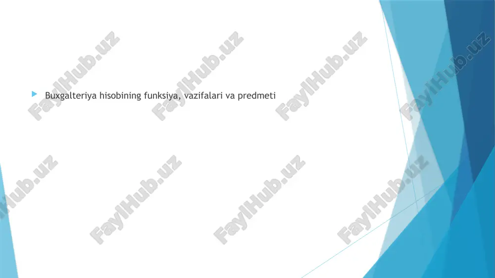 g tashkil topish manbalarini, ularni xo‘jalik jarayonlari natijasida o‘zgarib borishlarini yoppasiga, uzluksiz, qonun-qoidalarga asosan hujjatlarda to‘liq, aniq, to‘g‘ri, o‘z vaqtida aks ettirib borishdir. xo‘jalik mablag‘lari birinchi xususiyatiga ko‘ra quyidagi turlarga bo‘linadi: ishlab chiqarishdagi: mehnat vositalari; mehnat buyumlari. muomaladagi. oborotdan chetlatilgan mablag‘lar. xo‘jalik mablag‘larini korxona xo‘jalik faoliyatida qatnashishi xarakteriga ko‘ra quyidagicha turkumlashi mumkin: asosiy mablag‘lar: ishlab chiqarishdagi; noishlab chiqarishdagi. aylanma mablag‘lar: me’yorlanadigan; me’yorlanmaydigan. oborotdan chetlatilgan mablag‘lar. xo‘jalik mablag‘larining tashkil topish manbalarining ikki turi mavjud: korxona mablag‘larining manbasi. chetdan jalb etilgan mablag‘larning manbasi yoki majburiyatlar. xo‘jalik jarayonlari yuqorida aytib o‘tilganidek, 3 turga ajratiladi: ta’minot jarayoni. ishlab chiqarish jarayoni. sotish jarayoni. buxgalteriya hisobiga qo‘yilgan talablar quyidagilardan iborat: hisobning sodda va tushunarli bo‘lishi. hisobning rejaliligi. hisobning aniq va to‘g‘riligi. hisob ishlarini o‘z vaqtida amalga oshirish. hisob ko‘rsatkichlari bilan reja ko‘rsatkichlarining birligi. buxgalteriya hisobi usulining elementlari quyidagilardan iborat: hujjatlashtirish. inventarizatsiya. schyotlar tizimi. ikki yoqlama yozuv. baholash kalkulyatsiya. balans. hisobot. image1.png image2.png /docprops/thumbnail.jpeg