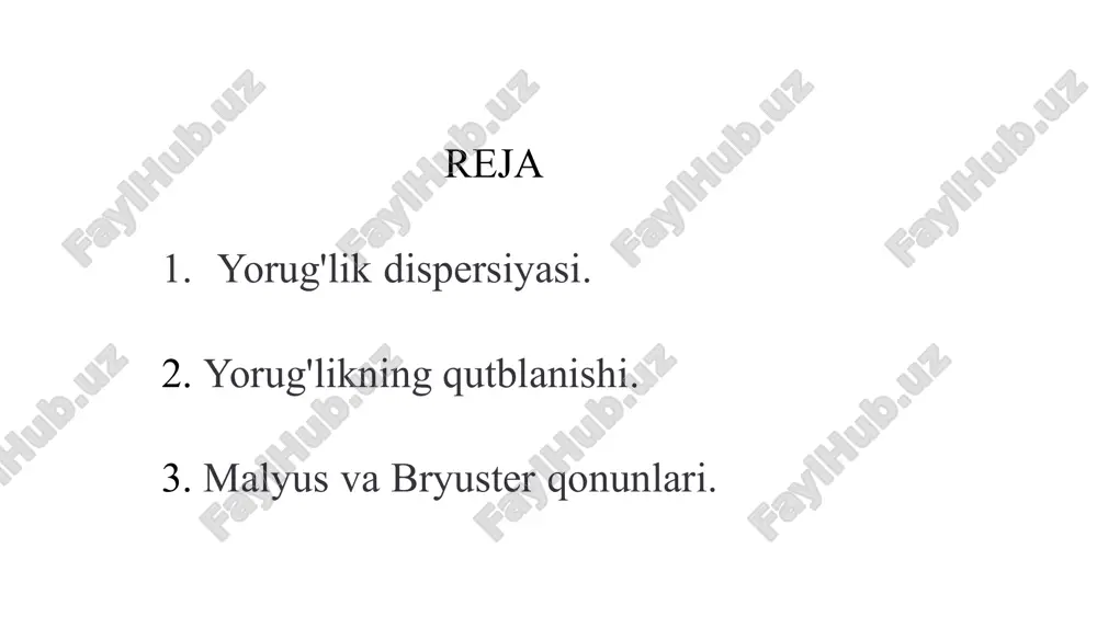 ilari prizma vazifasini bajaradi. qizil rang kamroq bukiladi va baland osmondagi tomchi orqali kuzatuvchining ko'ziga yetib keladi. shuning uchun kamalakning eng yuqori qismi qizil rangda bo'ladi. 10 olmos va dispersiya olmoslar yorqin ko'rinishining sababi dispersiya va to'liq ichki aks hodisalaridir. olmoslarning sindirish ko'rsatkichi juda yuqori (2.4) bo'lgani uchun, yorug'lik olmos ichida ko'p marta aks etib, ranglarga ajraladi va ko'zni quvontiradi. 11 dispersiyaning elektron nazariyasi elektromagnit to'lqin ta'siri yorug'lik elektromagnit to'lqin sifatida moddaga ta'sir qiladi elektronlar tebranishi moddadagi elektronlar tebranma harakatga keladi ikkilamchi to'lqinlar tebranayotgan elektronlar ikkilamchi to'lqinlar manbaiga aylanadi interferensiya birlamchi va ikkilamchi to'lqinlar interferensiyalashadi 12 sindirish ko'rsatkichining chastotaga bog'liqligi to'lqin chastotasi ω muhitdagi elektr zaryadlar xususiy tebranishlarining chastotasi ω0 ga yaqinlashganda sindirish ko'rsatkichi n ning qiymati keskin o'zgaradi. bu hodisa rezonans deb ataladi. 13 yorug'likning yutilishi yorug'lik moddadan o'tayotganda uning intensivligi kamayadi. bu hodisa buger qonuni bilan ifodalanadi: i = i_0 * e^(-αx). bu yerda i_0 - boshlang'ich intensivlik, …
