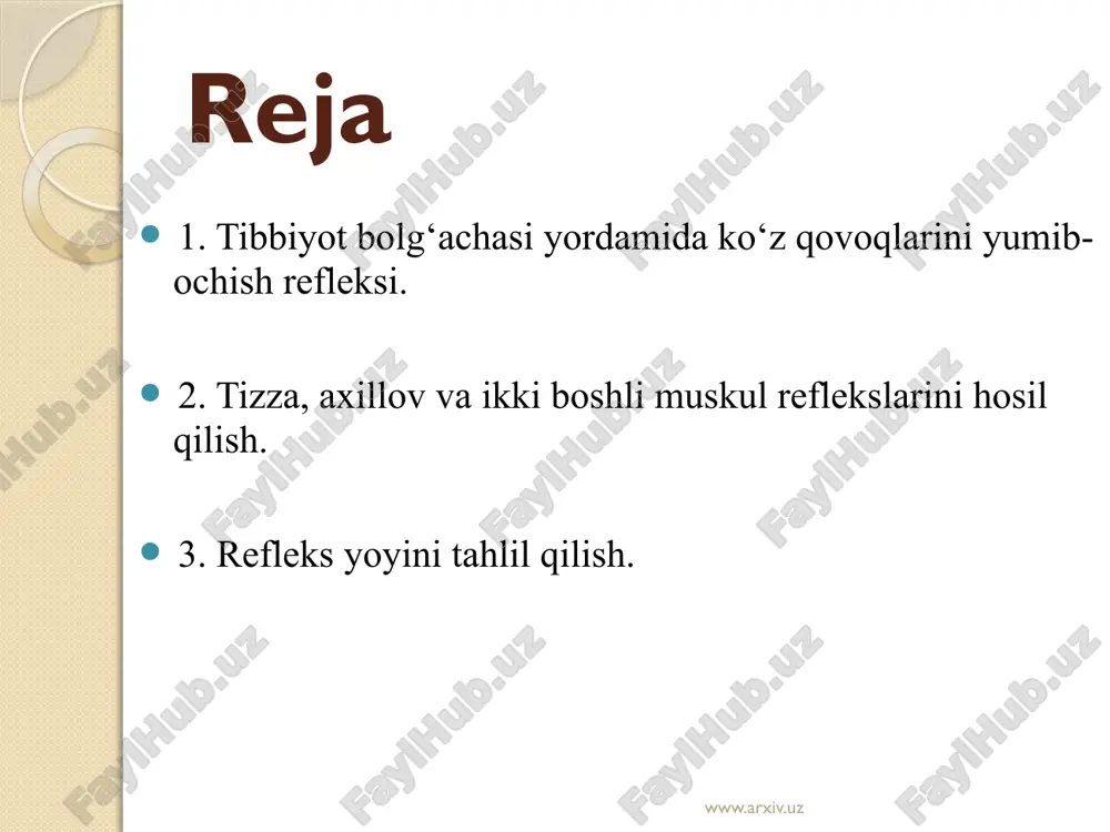 tadqiqot natijalarini o’z ichiga olgan monografiyalar, darsliklar, kullanmalar yozildi. xx asr va uning erishilgan yutuklaridan eng muximi shu bo’ldiki, texnika, elektronika va boshka shunga o’xshash murakkab texnologiyalarni yaratgan inson va uning bevosita kundalik xayoti bilan boglik muammolar ko’payib borishi bilan xarakterlanadi. www.arxiv.uz www.arxiv.uz orqa miyada bog'lanuvchi oddiy reflektor yoyni tizza refleksi misolida ko'rib chiqamiz. nevrologik bolg'acha bilan lig. patellae ga urilsa, ushbu payda va to'rt boshli muskulda joylashgan retseptorlar qo'zg'aladi. qo'zg'alish natijasida paydo bo'lgan sensor impulslar son nervining (n. femoralis) afferent tolalari bo'ylab orqa miyaning segmentar apparati tomon yo'naladi, ya'ni spinal tugun va orqa ildizcha orqali orqa shoxga tushadi. www.arxiv.uz orqa shoxga tushgan ushbu impuls oraliq neyron orqali oldingi shoxga uzatiladi. bu paytda sensor impuls harakat impulsiga aylanadi. oldingi shoxda joylashgan harakat neyroni tolalari orqali harakat impulslari orqa miyadan chiqib ketadi va son nervining efferent tolalari bo'ylab to'rt boshli muskulga yetib boradi. buning natijasida ushbu muskul qisqaradi va oyoq tizza …