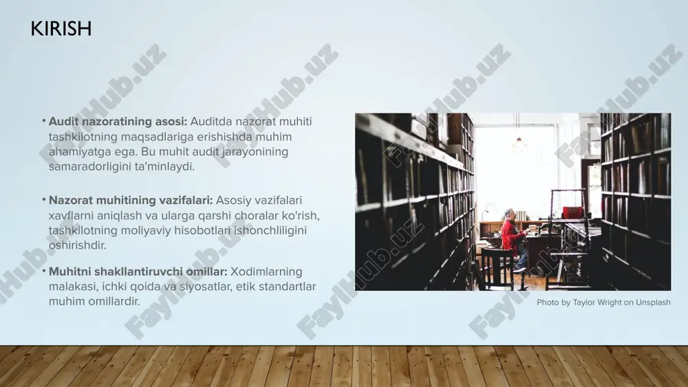 rish: audit rejasini ishlab chiqish, jarayonlarni tahlil qilish va tekshirishni o'z ichiga oladi. amalga oshirish va nazorat: audit natijalari asosida tahlil qilish va tuzatish choralari ko'rish. photo by andrey sizov on unsplash riskni boshqarish tizimi riskni aniqlash: tashkilot faoliyatiga ta'sir qiluvchi potensial xavflarni aniqlash. riskni baholash: aniqlangan xavflarni darajasi va ta'sirini baholash. risklarni kamaytirish choralarini ishlab chiqish: xavflarni kamaytirish uchun strategiyalar va tadbirlar ishlab chiqish. photo by amélie mourichon on unsplash axborot tizimlari va ularning auditdagi roli axborot tizimlarining ahamiyati: axborot tizimlari audit jarayonida ma'lumotlarni to'plash, qayta ishlash va tahlil qilishda muhim rol o'ynaydi. axborot xavfsizligi: ma'lumotlar xavfsizligini ta'minlash auditda ishonchlilik va shaffoflikni oshiradi. texnologik integratsiya: zamonaviy texnologiyalar yordamida audit samaradorligini oshirish. photo by amélie mourichon on unsplash muloqotning ahamiyati muloqotning roli: muloqot audit jarayonining barcha bosqichlarida muhimdir, bu esa ma'lumotlarning to'g'ri va vaqtida almashinuvini ta'minlaydi. ichki va tashqi muloqot: ichki muloqot tashkilot ichida, tashqi muloqot esa tashkilot tashqarisida stakeholderlar …