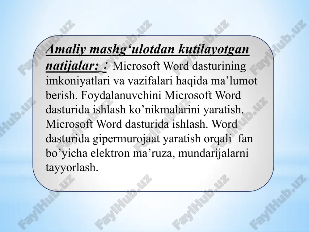 i videokliplarni, grafik, audiolarga ham murojaat tashkil qilsa bo’lar ekan. matndan tashqari boshqa shakldagi ma’lumotlarni ham beruvchi hujjatlar gipermedia hujjatlari deyiladi. www (web) tizimida ma’lumotlar gipermatnli hujjatlar shaklida olinadi. gipermatn boshqa matnli hujjatlarga yo’l ko’rsatuvchi matndir. bu esa boshqa matnlarga tezda o’tish imkonini beradi (bu matnlar qaysi mamlakatning serverida turishidan qat’iy nazar). bu o’rinda aytib o’tish joizdirki, matnlar o’rnida rangli harakatdagi tasvirlarni, turli videokliplarni, grafik, audiolarga ham murojaat tashkil qilsa bo’lar ekan. matndan tashqari boshqa shakldagi ma’lumotlarni ham beruvchi hujjatlar gipermedia hujjatlari deyiladi. matnlarda kalit so’zlar deb ataluvchi so’zlar orqali dunyoning ixtiyoriy burchagida internet doirasida joylashgan ma’lumotlarga yoki kompyuterdagi mavjud fayllarga, yoki fayl ichidagi o’zaro murojaat qilish va u orqali ma’lumotlarni topish gipermurojaat deb ataladi. ajratilgan so’zlar va frazalar – gipermatn aloqalari, qisqacha giperaloqalar deb yuritiladi. bu giperaloqalar orqali boshqa hujjatlarga murojaat qilib, unda yangi giperaloqalarni yaratish mumkin. microsoft word matn muharririda gipermurojaat vstavka menyusining giperssilka buyrug`i yordamida amalga oshiriladi. …