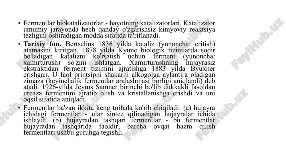 spesifikligi steroximiyaviy spesifiklik nisbiy spesifiklik gurux spesifiklik mutloq spesifiklik 2. fermenlar kinetikasi kanstanta mexaelis ph, temperatura, aktivatorlar va ingibitorlar (qaytar va qaytmas. qaytar: raqobatli, raqobatsiz, raqobat bo’lmagan, substrat, allosterik ingibitorlar) 3. fermant faol markazi qulf va kalit modeli (fisherning) induktsiyalangan moslik modeli (koshland) 4. fermentlar klassifikatsiyasi 5. fermentlarni tozalash usullari napravlenie ispolzuemie fermenti primenenie biotoplivnaya promishlennost tsellyulazi rassheplenie tsellyulozi na saxara, kotorie mogut bit fermentirovani dlya polucheniya tsellyuloznogo etanola. ligninazi predvaritelnaya obrabotka biomassi dlya proizvodstva biotopliva[33]. biologicheskoe moyushee sredstvo proteazi, amilazi, lipazi udalenie belkovix, kraxmalnix, jirnix ili maslyanix pyaten s belya i posudi[34]. mannanazi udalenie pishevix razvodov s guarovoy kamedi. pivovarennaya promishlennost amilaza, glyukanazi, proteazi rassheplenie polisaxaridov i belkov v solode[35]. betaglyukanazi uluchshenie filtratsionnix xarakteristik susla i piva[35]. amiloglyukozidaza i pullulanazi proizvodstvo nizkokaloriynogo piva i regulyatsiya fermentiruemosti[35]. atsetolaktatdekarboksilaza (aldc) povishenie effektivnosti fermentatsii za schyot snijeniya diatsetila[36]. molochnaya promishlennost rennin gidroliz belka v proizvodstve sirov. lipazi proizvodstvo sira kamamber i golubix …