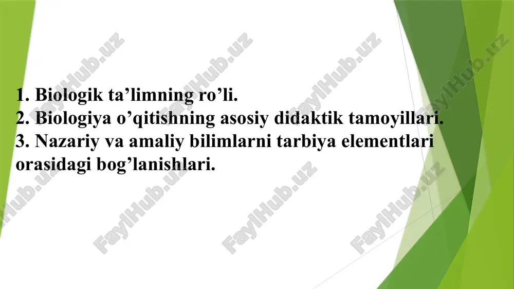 hayvonlarning asosiy guruhlari, ularni tabiatda va inson hayotidagi ahamiyati, tabiatga, uning boyliklariga to’g’ri munosabatda bo’lish kabi mantiqan tugallangan bilimlar malakalarga ega bo’lishi kerak. binobarin, insonlarda biologiyadan yuqorida ko’rsatilgan zaruriy bilimlar va malakalar hosil qilishda umumta’lim maktablarida o’qitiladigan biologiya o’quv predmetlari muxim ahamiyat kasb etadi. shu sababli umumta’lim maktablari biologiya ta’limi oldiga davlat ta’lim standarti va o’quv dasturi talabalariga: - o’quvchilarni asosiy biologik tushunchalar, yetakchi g’oyalar, ilmiy dalillar, qonunlar, ilmiy tekshirish usullari, organik olamning manzarasini shakllantirishga oid bilimlar bilan tanishtirish; - tirik tabiat va uning taraqqiyoti jarayonida vujudga kelgan moslanishlarning mexanizmlari haqida ma’lumot berish; - o’quvchilarni organizmlarning hayoti, ularning individual va tarixiy rivojlanishining asosiy qonunlari, molekula, xujayra, organizm, populyatsiya, tur darajalaridagi biologik xodisa va jarayonlar haqidagi bilimlar bilan qurollantirish, ularning biologiyani o’rganishga bo’lgan qiziqish va ijodiy qobiliyatlarini o’stirish hamda kelgusidagi uzluksiz ta’lim tizimini davom ettirishlar uchun zamin tayyorlash; - o’quvchilarni o’zlarining va o’zgalarning salomatligini saqlashga, sog’lom turmush tarzini tarkib toptirishga yo’naltirish; …