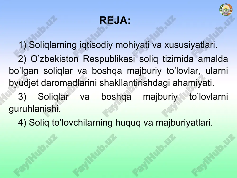 nazorat soliqlar va boshqa majburiy to’lovlarning elementlari soliq yoki boshqa majburiy to’lov soliq to’g’risidagi qonun hujjatlarida soliq to’lovchilar, shuningdek ushbu soliq yoki boshqa majburiy to’lovni hisoblab chiqarish va to’lash uchun zarur elementlar belgilab qo’yilgan taqdirdagina belgilangan deb hisoblanadi. soliqlar va boshqa majburiy to’lovlarning elementlari quyidagilardir: - soliq solish ob’ekti; - soliq solinadigan baza; - stavka; - imtiyoz; - hisoblab chiqarish tartibi; - soliq davri; - soliq hisobotini taqdim etish tartibi; - to’lash tartibi. o’zbekiston respublikasi soliq tizimida amalda bo’lgan soliqlar va boshqa majburiy to’lovlar o’zbekiston respublikasining soliq kodeksiga muvofiq uning hududida bir qator soliqlar va boshqa majburiy to’lovlar amal qiladi, ya’ni ularga: umumbelgilangan soliqlar: 1. yuridik shaxslardan olinadigan foyda solig’i; 2. jismoniy shaxslardan olinadigan daromad solig’i; 3. qo’shilgan qiymat solig’i; 4. aktsiz solig’i; 5. er qa’ridan foydalanuvchilar uchun soliqlar va maxsus to’lovlar; 6. suv resurslaridan foydalanganlik uchun soliq; 7. mol-mulk solig’i; 8. er solig’i; 9. obodonlashtirish va ijtimoiy infratuzilmani rivojlantirish …