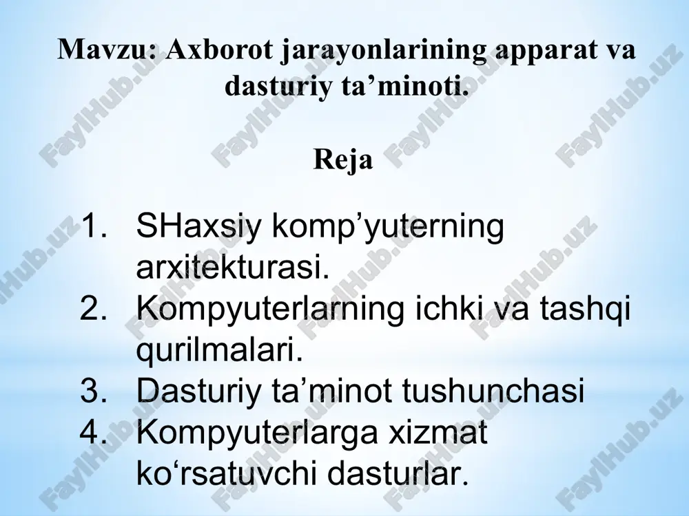 aviy shaxsiy kompyuterni aqsh ning ibm (international business mashines corpation) firmasi ishlab chiqara boshladi va u ibm pc kompyuteri deb atala boshladi. tizimli blok monitorr klaviatura sichqoncha shaxsiy kompyuterlarning asosiy qurilmalari tizimli blok - kompyuterning eng muhim qismi bo’lib, u kompyuterning asosiy elektron qurilmalarini o’z ichiga oladi tizimli plata; disk yurituvchi; qattiq disk(vinchestr); tok manbai bloki. tezkor xotira - tezkor xotira - o’zida ayni vaqtda kompyuter ishlayotgan dasturlar uchun ma’lumotlar shu bilan birga ishning natijasi saqlanadigan mikrosxemalardan tashkil topgan. doimiy xotira doimiy xotira bios(basic input-output system – kiritish va chiqarishning baza tizimi) kompyuterdagi asosiy dasturlar to’plamini saqlovchi mikrosxemadir. uning tezkor xotiradan farqi shuki, kompyuter tok manbaidan o’chirilganda ham axborotni doimiy saqlaydi. monitor – matnli va grafikali ma’lumotlarni ekranda tasvirlaydi klaviatura - kompyuterga ma’lumotlarni kirituvchi qurilma sichqoncha - komyuter bilan foydalanuvchi orasida muloqatni engillashtiruvchi qurilma. kompyuterga ulanuvchi qo’shimcha qurilmalari printer skaner modem multimedia plotter planshet videoproektor raqamli fotoapparat web kamera printer …
