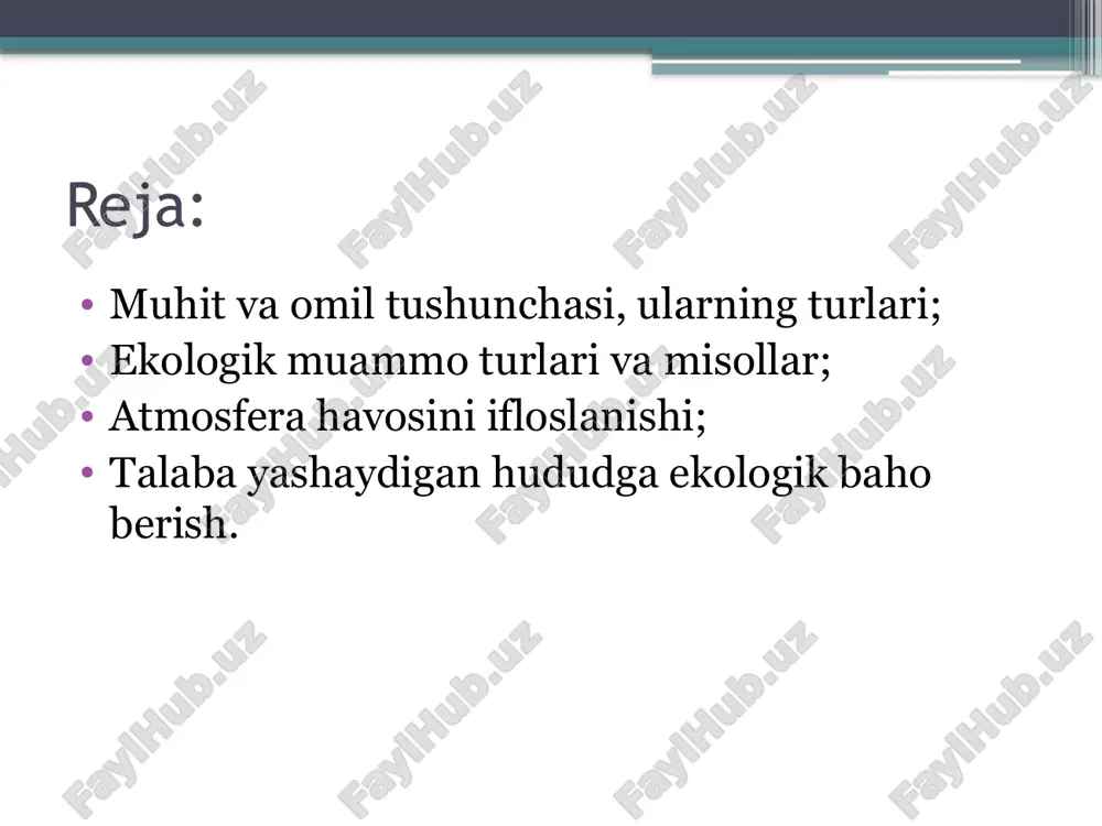 tirik organizmlarga ta’siri. iqlimiy – yorug’lik, harorat, bosim; edafogen (tuproq) – mexanik tarkibi, namligi, havo o’tkazuvchanligi; orografik – relef; kimyoviy – havoning gaz tarkibi, suvning tuz tarkibi. 2. biotik omillar – tirik organizmlarning bir-biriga o’zaro ta’siri . fitogen – o’simliklar: o’simliklarning hayvonlarga ta’siri hasharotxo’r hayvonlar misolida; zoogen – hayvonlar: o’simliklar bilan oziqlanishi yoki yirtqichlik; mikrobiogen – mikroorganizmlarning turli kasalliklarni keltirib chiqarishi. ekologik muammo turlari: 1. umumbashary (global). 2. mintaqaviy (regional). 3. mahalliy (lokal). umumbashariy (global) muammolar issiqxona effekti; ozon qatlamining yemirilishi; havo haroratining o’sishi; chuchuk suv muammosi; pestitsidlardan foydalanish; hayvon va o’simlik turlarining yo’qolishi. so’nggi 300 yil davomida 150 xildan ortiq hayvon turi butunlay yo’qolib ketgan. mintaqaviy ekologik muammolar mintaqadagi havo va suvning ifloslanishi, o'rmonlar daraxtlarini kesish, orol bo’yi muammolari va boshqalar hisoblanadi. orolbo’yi hududi ekologik muammolari o’rta osiyodagi eng kata sho’r ko’l bolib, havzaning kattaligi uchun dengiz deb atalgan. orol dengizi maydoni 68 ming km², 60-yillargacha yiliga amudaryodan 38,6 …