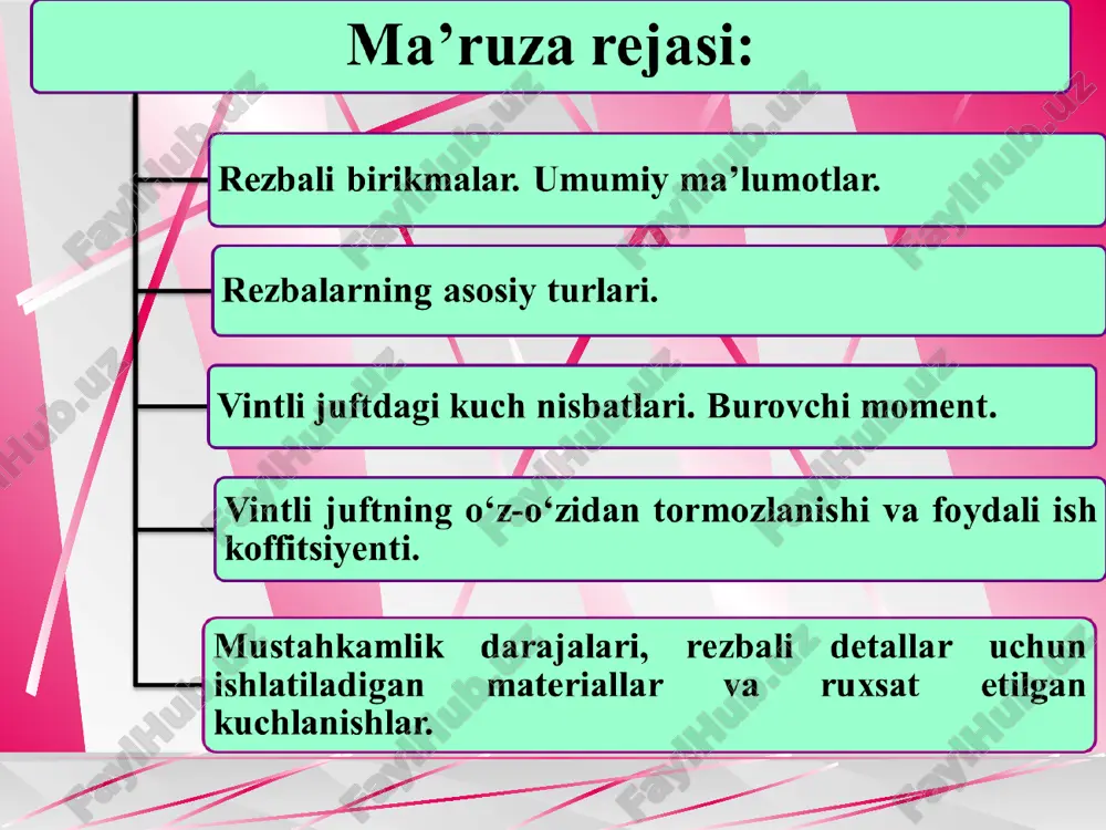 zbalari rezbali birikmalarda qo’llaniladi va ular uchburchakli profilga ega bo’lib, katta ishqalanish, yuqori mustahkamlikka va texnologiklikka egadir. o’z-o’zidan bo’shab ketish hollaridan mustasno. mahkamlash-jipslashtirish rezbalari germetiklik talab etiladigan birikmalarda qo’llanadi. odatda barcha mahkamlash rezbali detallar bir kirimli tarzda bo’lishi tavsiya etiladi, harakatni uzatish rezbalari vintli uzatmalarda ishlatiladi va kichik ishqalanish bilan tavsiflanuvchi trapesiyaviy (ba’zan esa to’g’riburchakli) profilga egadir. rezba silindr yoki konusning ichki yoki sirtqi sirtida tayyorlanishi mumkin. birinchisi ichki, ikkinchisi sirtqi rezba deyiladi. rezbaning o‘lchamlari to‘liq hisobda ifodalansa, metrik rezba, dyuym bilan ifodalanganda esa dyuymli rezba deyiladi o‘zbekistonda metrik rezbalardan ko‘proq foydalaniladi. metrik rezbalarda profil burchagi 60 grad., dyuymli rezbalarda esa 55 grad.ga teng . rezbani tayyorlash usullari. 1. metchik yoki plashkalar yordamida rezba kesish. bu usul kichik ishlab chiqarish uchun xos. rezba individual ishlab chiqarish va ta’mirlash ishlarida qo’llaniladi. 2. tokarlik vint kesuvchi dastgohlarda rezba kesish. 3. maxsus rezba kesuvchi dastgohlarda rezba kesish. rezba aniqligiga yuqori talab qo’yilgan katta …