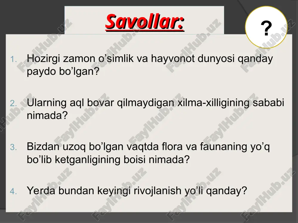 ar sahro toshlaridan, sichqonlar kir kiyimlardan hosil bo’lishi mumkin degan afsonaviy tasavvurlar keng tarqalgan edi. van gelmont tajribasi f. redi tajribasi(1688y) go'sht bo'laklari og’zi ochiq idish go'sht bo'laklari og’zi yopiq idish lui paster tajribasi l.paster va f.redi tajribalari hozirgi kunda tirik organizmlar faqat biogenez yo’l bilan kelib chiqishini isbotladi. l.paster yuqoridagi tajribalari asosida sterillashga asos soldi. ozuqa mahsulotlarni konservalash, sut mahsulotlarini pasterezatsiya qilish, jarrohlik asboblarini va yaralarni sterillash l.paster tajribalaridan keyin keng qo’llanila boshladi. kosmozoylar kosmozoylar farazini birinchi marta 1865 yili nemis shifokori rixter ilgari surdi. keyinchalik mazkur farazni olimlardan tomson va gelmgols quvvatladilar. kosmozoylar faraziga ko'ra, koinotda hayot mangu bo'lib, uning zarrachalari bir sayyoradan ikkinchi sayyoraga ko'chib yuradi. bu zarrachalarning ko'chib yurishida meteoritlar asosiy o'rin egalaydi. mikroskopik ko'rinishdagi bu hayot zarrachalari meteoritlarga yopishib, ular orqali yerga tushgan va hayotning rivojlanishiga sababchi bo'lgan. panspermiya panspermiya nazariyasiga ko’ra hayot mangu mavjuddir va u bir sayyordan ikkinchi sayyoraga ko’chib yuradi. bu nazariyaning …
