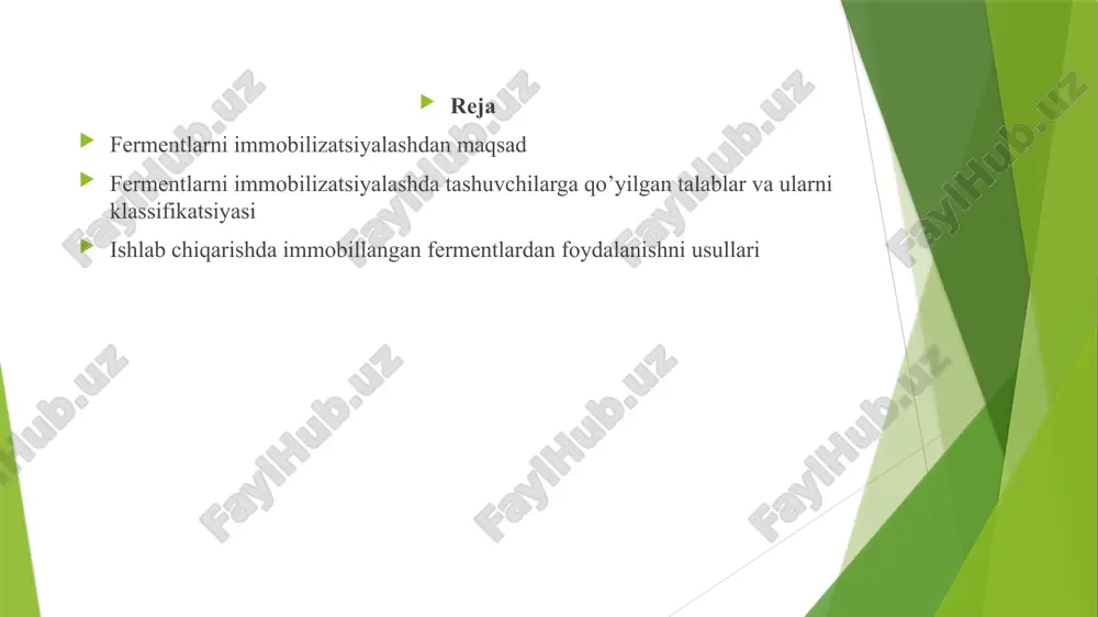 rda olinishi (granulalar, membranalar); - oson aktivlanish; - yuqori darajada gidrofillik; - arzon bo'lishlik va h.k. fermentlarni immobillashda ishlatiladigan tashuvchilar organik noorganik polimer quyimolekulyar makroporali boshqalar polimetilenli, poliamidli (akril kislotasining hosilasi – akrilamid, n-vinilpirrolidon), poliefirli, slikagel g'ovak shishalar, shisha tolalar, faollashgan ko'mir, sintetik sentonit tselyuloza modifiktsiyalari deae-tsellyuloza, km-tsellyuloza, ekteola-tsellyuloza. dekstran asosida sefadekslar tabiiy (immobillash uchun tabiiy polisaxaridlar va polimetil tipidagi sintetik tashuvchilar ko'proq ishlatiladi) polisaxaridli (tsellyuloza, dekstrin, agaroza, agar-agar) oqsilli (keratin, fibrin, kollagen, miozin, albumin) va lipidli (liposomalar) immobillash o’ziga hos hususiyatlari afzalliklari kamchiliklari adsorbsiya qadimgi usul past energiyali bog’lar: ion, vodorod va van der vall ishlatilgan zarracha hajmi: diametri 500 a dan 1mm gacha. adsorbet sifatida: mineral (alyuminiy oksidi, loy); organik (kraxmal); modifikatsiyalangan (sefaroza va ion almashinadigan smolalar). amalga oshirish oson reagantlar talab qilmaydi faollashtirish oson arzon adsorbsiyalanishi qiyin samaradorlik kam kovalent bog’lanish. fermentlarni immoblizatsiya qilishning keng qo’llaniladigan usul. kovalent bog’lanishli kimyoviy guruhlar: amino guruhlari, imino guruhlari, gidroksil guruhlari, …