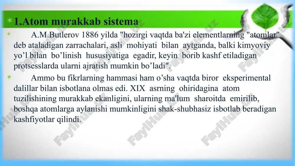 g yadrosiga to’plangan. 3.d.i.mendeleevning davriy qonuni 4.elementlar davriy sistemasi zamonaviy davriy sistemalarda elementlar quyidagicha sinflangan: jami 118 ta element mavjud bular.. 1. metallmaslar-h, c, n, o, p, s, se 2. ishqoriy metallar-6 3. ishqoriy-yer metallar-6 4. inert gazlar-he, ne, ar, kr, xe, rn, uuo 5. yarim metallar-b, si, ge, as, sb, te, po 6. galogenlar-f, cl, br, i, at,uus 7. oraliq metallar-38 ta 8. oraliqdan keyingi metallar-11 ta 9. lantanoidlar-14 10. aktinoidlar.-14 5.kimyoviy bog’lanish kimyoviy elementlar o’rtasida vujudga kelgan bog’lanish kimyoviy bog’lanish deyiladi. 1. kovalent bog’lanish a) qutbsiz kovalent b) qutbli kovalent c) donor - akseptor 2. ionli 3. metall 4. vodorod a) ichki molekulyar b) molekulalararo kovalent bog’lanish umumiy elektron juft hisobiga vujudga kelgan bog’lanish kovalent bog’lanish deyiladi. qutbsiz qutbli elektromanfiylik qiymatlari teng yoki biroz farq qiladigan elementlar orasida (0 dan 0,4 gacha) elektromanfiylik qiymatlari farq qiladigan elementlar orasida (0,4 dan 1,8 gacha) metalmas + metalmas metalmas + metalmas …