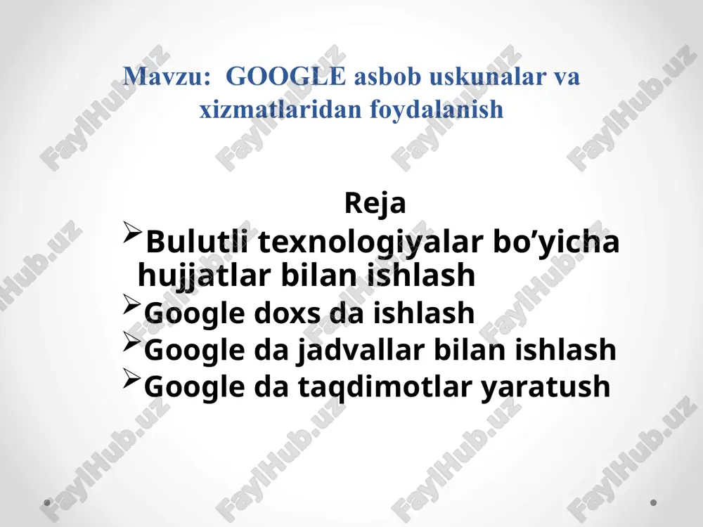 (microsoft excel kabi) yaratish va google slaydlar taqdimotlar uchun (microsoft powerpoint kabi). word hujjatlarini google diskka qo’shish, microsoft word hujjati yuborilsa, uni google diskka yuklashingiz va hujjatlarni ochishingiz mumkin. ishingiz tugagach, hujjatni microsoft word formatida tiklashingiz mumkin. darhaqiqat, google drive dagi deyarli har qanday matnga asoslangan faylni yuklashingiz va google docs bilan tahrirlashingiz mumkin. microsoft word-dan google docs'ga qaraganda ko'proq xususiyatlarga ega bo'lishiga qaramay, foydalanuvchilarning google so'z protsessoridan foydalanishlari mumkin bo'lgan bir necha sabablar mavjud. biri xarajat. google drive bepul bo'lgani uchun, uni urish qiyin. buning yana bir sababi, hamma narsa bulutda saqlanadi. ya'ni, bitta kompyuterga ulanmaslik yoki fayllaringizga kirish uchun usb stik atrofida yurish shart emas. nihoyat, google docs, inson guruhlari uchun bir vaqtning o'zida hujjatning qaysi versiyasini eng dolzarb deb xavotirlamasdan, o'sha hujjatda ishlashni juda osonlashtiradi. google docs - onlayn-so'zni qayta ishlash saytidir, bu hamkasblar va boshqalar bilan hamkorlik qilishni osonlashtiradi. saytdagi shablonlardan birini foydalanib, google docs'dagi hujjat …