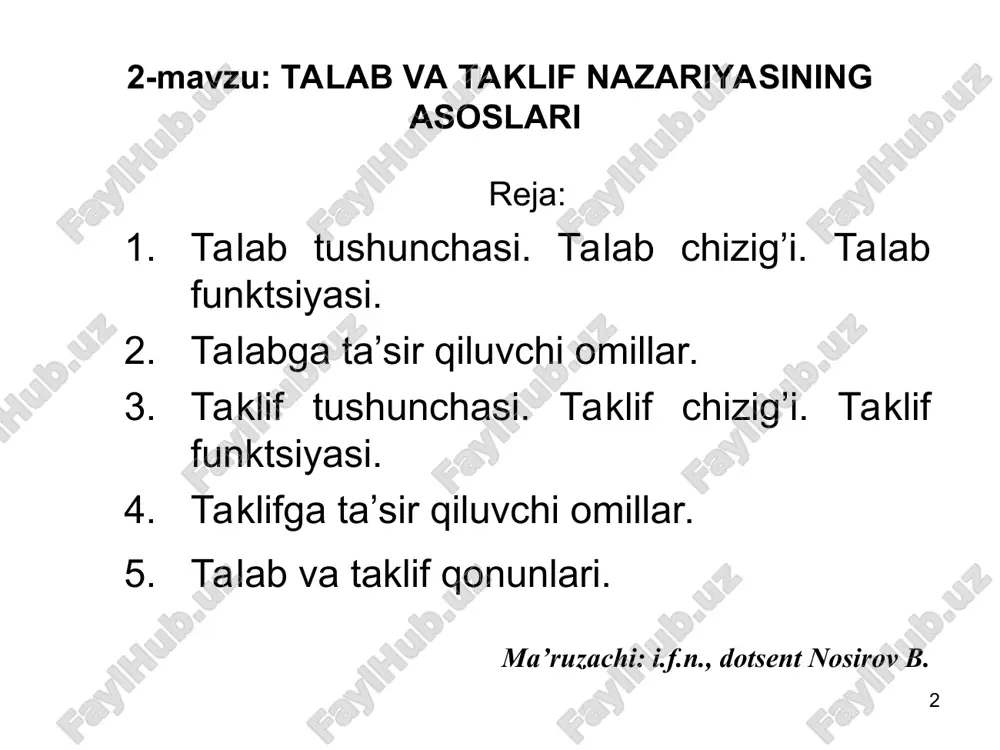 dir. ya’ni taklif maxsulot narxiga to’g’ri proporsional. * taklifga ta’sir etuvchi omillar ishlab chiqarish texnologiyasi ishlab chiqarish omillarining narxlari soliqlar va subsidiyalar tovar ishlab chiqaruvchilarning soni * taklif egri chizig’ining siljishi * talab va taklif funksiyalari model deganda, iqtisodiy jarayonning sxemasi, loyihasi, matematik formulalar bilan ifodalanishi tushuniladi. bu erda kengroq ishlatiladigan modellardan biri iqtisodiy-matematik modellardir. iqtisodiy matematik modellar, iqtisodiy jarayonlarning miqdoriy munosabatlarini funksiya, tenglama, tengsizliklar orqali ifodalaydi. funksiya - bu matematik tushuncha bo’lib, bog’liq o’zgaruvchi bilan erkin o’zgaruvchilar o’rtasidagi miqdoriy bog’liqlikni ifodalaydi. agar funksiya bitta bog’liq o’zgaruvchi bilan, bitta erkin o’zgaruvchi o’rtasidagi bog’liqlikni ifodalasa, unga bir o’zgaruvchili funksiya deyiladi va u quyidagicha yoziladi: y=f(x) * talab va taklif funksiyalari agar funksiyada erkin o’zgaruvchilar soni n-ta bo’lsa, , u holda n o’zgaruvchili funksiyani olamiz: y=f(x1,x2,…xn) bir o’zgaruvchili funksiyaga misol sifatida narxga bog’liq bo’lgan talab funksiyasini qarash mumkin: q=f(p) bu erda: q- talab miqdori; p- bir birlik mahsulot narxi. * misol o’quvchi …