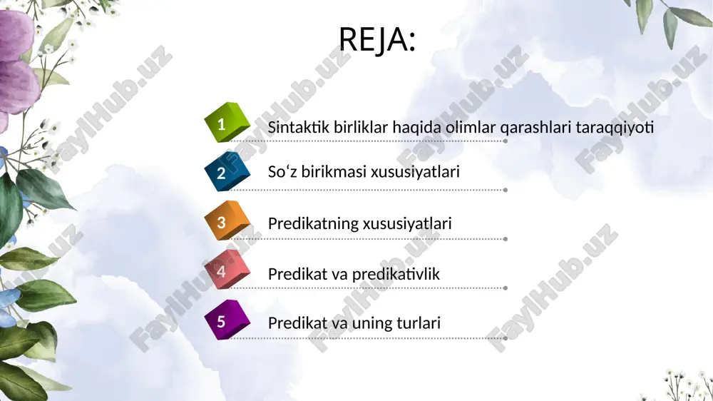 ruvchi qismi predikatning xususiyatlari predikatsiya – fikrni ifodalovchi aloqa yoki munosabat predikatsiya – kognitiv akt, tafakkur jarayoni predikativlik – sintaktik kategoriya, predikat esa semantik. predikativlik kommunikatsiya vaqti bilan bog‘liq bo‘ladi predikativlik ushbu aloqaning amalga oshirilgani, natijasi uning natijasi esa predikativlik hisoblanadi predikatsiya 1-tushunchani 2-tushuncha bilan bog‘lab ifodalovchi mental akt jarayoni maqolalar tahlili maqolalardan kelib chiqadigan xulosa predikativlik sintaktik darajada gapning zamon kategoriyasi, modalligi va shaxs-sonida ifodalansa, semantik darajada semantik belgining so‘zlovchi bilan bog‘liqligida namoyon bo‘ladi. ya’ni predikativlik tasdiqlangan predikat natijasidir, tasdiqlanmagan predikatsiya natijasi esa predikat nomlar, propozitsional semantika hisoblanadi ferdinand de sossyur (nutqiy faoliyatda psixik va nopsixik qism) rasmni so‘zlarda ifodalang! 2017 2018 2019 2020 y.stepanov (1920-2012) fe’l – bu predikatdir. b.kasevich (1941) fe’l – bu predikatdir. v.kraxovskiy (1932) fe’l – bu predikatdir. l.sherba (1880-1944) rus tilidagi predikatlarni 1) harakat, 2) holat, 3) xususiyat ma’noli predikatlarga ajratdi predikat propozitiv strukturaning markaziy elementidir. aksariyat adabiyotlarda predikat fe’lga nisbat beriladi, uning ekvivalenti …