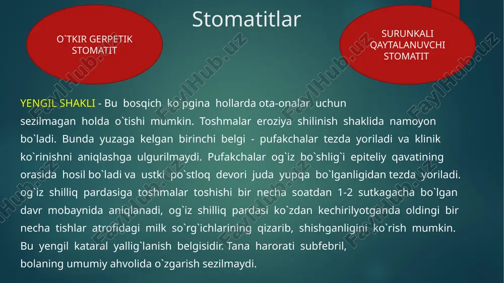 ichidagi suyuq ekssudat tiniq seroz yoki qon aralashgan holda bo`lib, keyinchalik ularning qurishi natijasida o`rnida oqish-rangsiz yoki to`q qizil po`stloq hosil bo`ladi. toshmalar 2-3 kun, og`irshaklida esa 4-5 kun mobaynida paydo bo`lib turadi. ba’zi bir hollarda uzoqroq davometishi ham mumkin. xastalikning og`ir shaklida - hosil bo`lgan pufakchalar tezda yorilib, bir-biri bilan qo`shilishi natijasida og`iz shilliq pardasiniig lab, lunj, til, tanglay, ba’zi bir hollarda yutqin sohalarida katta yuzaga ega bo`lgan jarohatlar yuzaga keladi. bunday hollarda milk sathining kuchli kataral yallig`lanishi kuzatiladi. milklarda kuchli qizarish, shish paydo bo`ladi va eroziya (shilinish) aniqlanib, shilliq pardoning butunligi buziladi. milk cho`ntaklaridan quyqasimov suyuqlik sizib chiqadi. bolalarning umumiy ahvoli butun toshmalar toshish bosqichi davomida og`irlashadi. ular ovqat, suvdan butkul bosh tortadilar. bu holat organizmning umumiy zaharlanishini kuchaytiradi. tana harorati ko`tarilib, bolaning uyqusi buziladi. ba’zan og`ir hollarda ich ketishi, qusish yoki ich yurishmay qolishi mumkin. xastalikning og`ir kechishiga, bolaning umumiy ahvolining bu qadar yomonlashuviga shilliq pardaga tushgan …