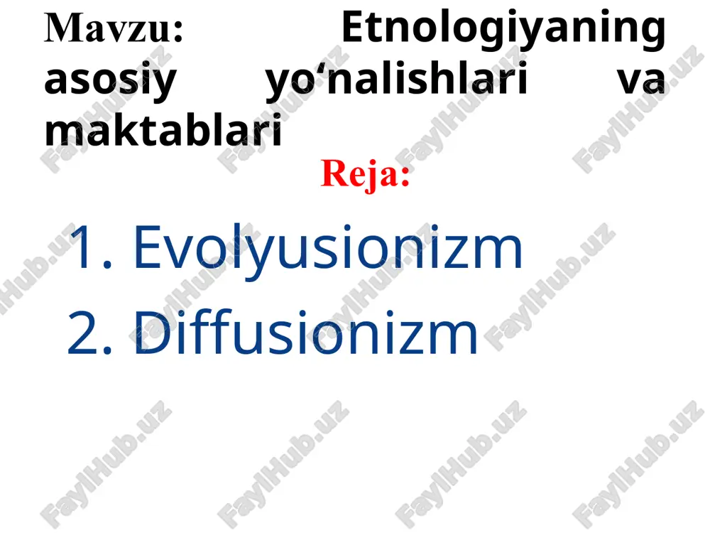 iq sifatida izohlaydi. olimning fikricha jamiyat yoki madaniyatlar tashqi (gegrafik muhit, qo‘shni madaniyatlar); va ichki (insonning jismoniy tabiati, irqiy differensatsiya, ruhiy sifatlarining xilma-xilligi) omillari orqali taraqqiyot etadi. u birinchilardan bo‘lib “qoloq” madaniyatlarni jismoniy, aqlliy va ahloqiy taraqqiy etmagan xalqlar yaratganligi gipotezasini ilgari suradi. spenser insoniyat ilk oldtarix bosqichidan tabiatga asta-sekin moslasha borayotgani ehtimolini aytadi. antropologiya xix asr oxiriga kelib o‘z taraqqiyotining yangi bosqichiga kirdi. avvallari etnografik kuzatishlar aksari savdogorlar misseonerlar, sayyohatchilar tomonidan olib borilgan bo‘lsa, endi ularni maxsus tayyorlangan olimlar, avvaldan tayyorlangan dasturlar asosida olib boradigan bo‘ldi. shu paytdan evolyusionizm antropologiyadagi yetakchi o‘rnini yo‘qota boshlaydi, chunki evolyusion metodologiya izohlab bera olmaydigan ma’lumotlar ko‘payib boradi. 2. diffusionizm “diffuziya” tushunchasi (lotincha- tarqalish) fizikadan o‘zlashtirilib, unda “oqish”, oqib kirish ma’nosini bergan. antropologiyada diffuziya madaniy olimlarning xalqlararo : savdo, ko‘chishlar, istilolar orqali tarqalishini ifodalaydi. diffuzionizm ilmiy yo‘nalish sifatida, tarixiy jarayonning asosiy mazmuni deb diffuziya, o‘zaro aloqalar o‘zlashtirish, ko‘chirish (nusha olish) va madaniyatlararo o‘zaro ta’sirini …