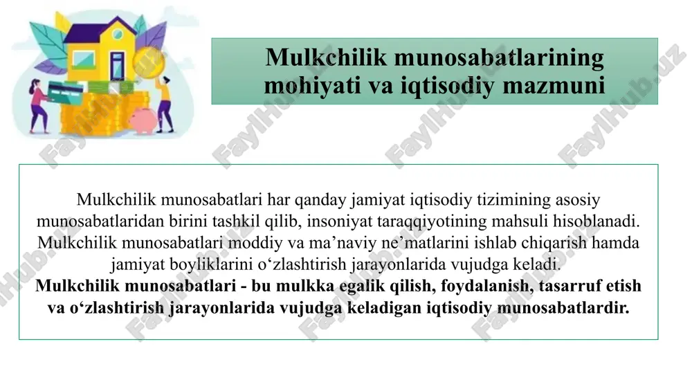 shi mumkin. mulk sub’yekt sub’yekt mulkchilik munosabatlari - bu mulk ob’yektini o‘zlashtirish bo‘yicha mulk sub’yektlari o‘rtasidagi iqtisodiy munosabatdir. mulkchilik huquqlari esa mulk sub’yektining mulk ob’yektiga nisbatan munosabatidir, ya’ni undan foydalanish va nazorat qilish yuzasidan kelib chiquvchi huquqlar majmuidir: sub’yekt mulk mulkchilik shakllari korporativ xususiy mulk -ma’lum maqsad yo‘lida o‘zaro birlashgan mulkdorlar mablag'iga asoslangan korxonalar tashkil etish orqali o‘zlashtiriluvchi vosita va ne'matlar jamoa mulki - muayyan maqsad yo‘lida turli ko‘rinishdagi jamoalarga birlashgan kishilar tomonidan birgalikda o'zlashtiriluvchi vosita va ne’matlar davlat mulki - o‘z vazifalarini bajarish maqsadida davlat tomonidan o‘zlashtiriluvchi turli vosita va ne’matlar xususiy mulk - ayrim kishilar va guruhlarga tegishli bo‘lib, yollanma mehnatdan foydalanib daromad topishga qaratilgan mulk yakka tartibdagi xususiy mulk - alohida olingan mulkdor tomonidan o'zlashtiriluvchi vosita va ne'matlar shaxsiy mulk -fuqarolarining shaxsiy yoki oilaviy mehnati orqali shakllangan va ularning ehtiyojlarini qondirishga qaratilgan mulk aralash mulk - turli mulk shakllaridan tashkil topib, shunga muvofiq tarzda o'zlashtiriluvchi vosita va …