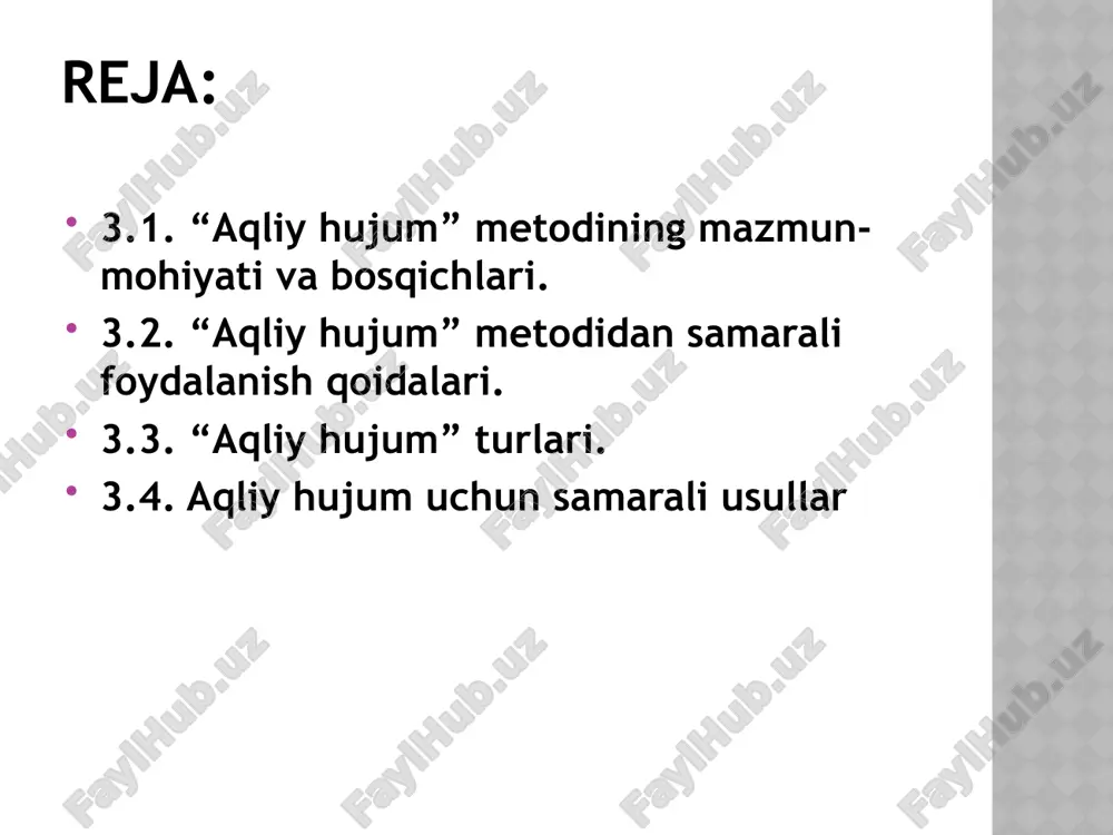 abc aqliy hujumi (abc brainstorming) ushbu tur klassik aqliy hujumni qo‘shimcha qoida bilan to‘ldiradi, unda har bir mashg‘ulot buyurtma qilingan tartib asosida o‘tishi kerakligi aytiladi. abc alifboning har bir harfini harflardan biridan boshlangan mos keladigan g‘oyalarga berishga harakat qiladi. elektron aqliy hujum (electronic brainstorming) raqamli yo‘naltirilgan miya hujumi dasturiy ta‘minot yoki shunga o‘xshash muqobil platformalar bilan birgalikda eng yaxshi darajada ishlaydi. bunday dasturlar o‘z hamkasblarini birlashtirib, o‘zlarining g‘oyalarini qisqa postlar shaklida tezkor so‘rovlarga imkon beradi. qisqa vaqt ichida muddatlarni belgilashda ishchilar o‘z-o‘zidan reaksiya ko‘rsatishga majbur. miya yozuvi (brainwriting) klassik aqliy hujumdan farqli o‘laroq, miya yozuvi jamoaviy dinamizmga zarar yetkazish uchun shaxsiy g‘oyalarni yozishni va keyinchalik to‘plashni o‘z ichiga oladi. belgilangan vaqtdan so‘ng, tashkil etuvchi har bir kishi yozgan narsalarni to‘playdi va yozuvlar ko‘rib chiqiladi va baholanadi. bo’sh daftar usuli (blank notebook method) daftarlar aqliy hujumlar uchun juda mos keladi, ularni to‘liq bajarish uchun ancha vaqt talab etiladi. ushbu aqliy hujum …