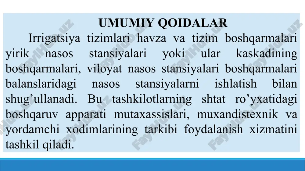 di: - inshootlar loyiha bo’yicha eng ko’p suv sarfini bemalol o’tkazish qobiliyatiga ega, buzulmagan, sinmagan, yorilmagan, cho’kmagan bo’lishi; to’g’onlar loyihada ko’zda tutilgan suv bosimini (naporini) ushlab tura oladigan, bosimli qiyaligi qoplamalari buzulmagan, shishib chiqmagan, bosimsiz qiyaligi buzulmagan, suvni sizib o’tishi belgilari bo’lmagan; - yuqori b’efida dimlanish (podpor) hosil bo’lmaydigan, pastki va yuqori b’eflarida eng kam va eng ko’p suv sarfi oqqanda yuvilish va loyqa cho’kishi bo’lmaydigan; - suv olib keluvchi va suv olib ketuvchi kanallarining o’zanlarini inshootga tutash qismlari buzulmagan, loyihada belgilangan eng ko’p suv sarfini (loyqa cho’ktirmasdan va o’zanini yuvdirmasdan) o’tkazadigan, o’zanlar bilan tutash qismlaridagi qoplamalari buzulmagan, sinmagan; - gidromexanik uskunalari korroziyaga uchramagan, chirimagan, zichlagichlari butun, suvni sizib o’tishiga yo’l qo’ymaydigan, ko’targichlari yog’langan va oson hamda tez boshqariladigan, xas-cho’p (musor) ushlovchi panjaralari chirimagan, inshootni mo’tadil ishlashiga halaqit qiladigan xashak, daraxt shoxlari shuningdek suvga tushib o’lib qolgan mayda va qora mollarni ushlab qoladigan, ularni chiqarib tashlash uskunasi mavjud va u …