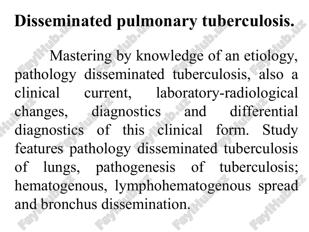 tuberkulez o'chog'lari; ekstratorakal tuberkulez o'chog'lari . tarqoq tuberkulyozning rivojlanishi mbt - superinfektsiya mbt - virulentligini makroorganizm immunobiologik rezistentligini susayishi tomirlar va o'pka to'qimasining sensibilizatsiya bo'lishi. tarqoq tuberkulyoz bilan kasallanishga moyildirlar: emlanmagan bolalar; birlamchi va ikkilamchi immunodefitsit xolatlarida; immunodepressantlar qabul qiluvchilarda. tarkok tuberkulyozning shakllari: utkir (milliar) utkir osti surunkali o'tkir tarqoq tuberkulyozning shakllari: tifoid turi o'pka turi meningial turi utkir tarkok tuberkulezning klinik belgilari: prodromal davr yo'qligi; xarorat yuqori bo'lishi (39-400s); xarorat chizig'ining noto'g'ri turdaligi; kuchli intoksikatsiya; umumiy xolsizlik; bosh og'rig'i, xushi yo'qolgan bulishi mumkin; davomi taxikardiya; poliadenit; nafas etishmovchiligi; auskultativ simptomlar kamligi. auskultatsiyada 70% bemorlarda plevra ishqalanish shovqinini eshitish mumkin. laborator ko'rsatkichlar qonning umumiy tahlili: leykotsitoz 12-14000 neytrofillyoz limfopeniya eozinopeniya echt 25-35mm/s r mantu 2tb - manfiy anergiya makropreparat rentgenogramma ulchami 1 – 2 mmdagi bir xil intensivligi urtacha, konturlari anik simmetrik joylashgan uchokli soyalar uchoklar asosan upkaning yukori va urta maydonlarida joylashgan upka rasmi susaygan upka ildizi kengaygan, limfa …