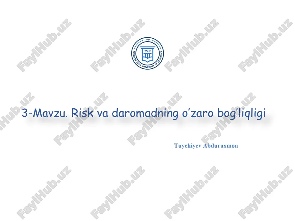 riladigan moliyaviy risklar; prognozlashtirilmaydigan moliyaviy risklar. sug‘urtalash imkoniyati bo‘yicha sug‘urtalanadigan moliyaviy risklar; sug‘urtalanmaydigan moliyaviy risklar. moliyaviy oqibatlar bo‘yicha faqat iqtisodiy yo‘qotishlarga sabab bo‘ladigan risk foydaning kamayishiga ta’sir etuvchi risk iqtisodiy yo‘qotishlarga yoki qo‘shimcha daromadga sabab bo‘ladigan risk korxonada moliyaviy risklarni boshqarish – bu turli ko'rinishdagi risklarga har tomonlama baho berish va ular yuzaga keltirishi mumkin bo'lgan salbiy oqibatlari oldini olishni ta'minlovchi metod va printsiplarni ishlab chiqish va moliyaviy qarorlarni qabul qilish tizimini ifodalaydi. moliyaviy risklarni boshqarish korxonaning bozor qiymati pasayishi mumkin bo'lgan holatlar oldini olish va uni rivojlantirish jarayonida korxona moliyaviy xavfsizligini ta'minlash moliyaviy risklarni boshqarish maqsadi 1 korxona moliyaviy xavfsizligiga tahdid soladigan moliyaviy faoliyatning yuqori risk sohalarini aniqlash 2 alohida riskli hodisalari va ular bilan bog'liq bo'lishi mumkin bo'lgan moliyaviy yo'qotishlarning yuzaga kelish ehtimolligiga har tomonlama ob'ektiv baho berish 3 moliyaviy operatsiyalardan ko'zlangan daromadlilik darajalari munosabati bo'yicha moliyaviy risklar darajalari minimalligini ta'minlash 4 riskli hodisalar yuzaga kelganda korxonaning yuzaga …