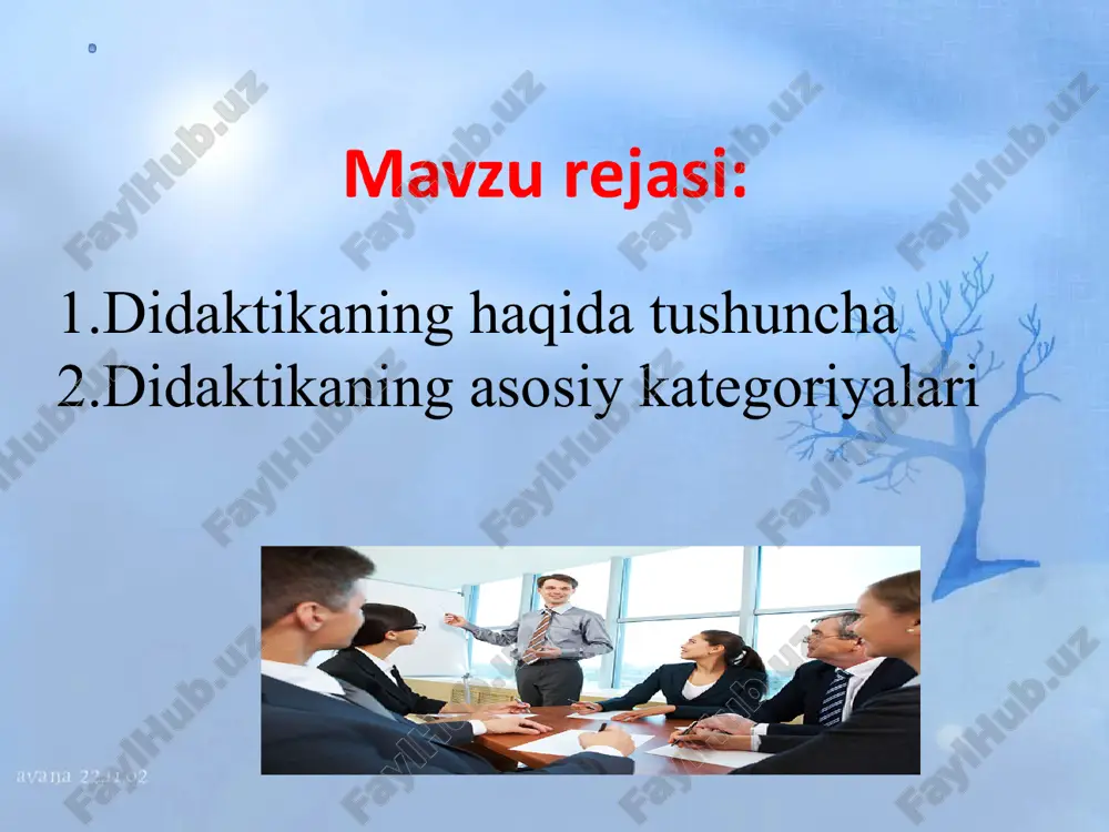 mazmuni, o‘qitish qonuniyatlari, o‘qitish tamoyillari, metodlari, uning tashkiliy shakllari yoritiladi. * * didaktikaning ob’yekti predmeti didaktikaning ob’yekti - o‘sib kelayotgan avlodga ijtimoiy tajribalarni, milliy va umuminsoniy madaniyatni tarkib toptirishga yo‘naltirilgan faoliyatning asosiu turi hisoblangan ta ’lim berishdir. didaktikaning predmeti sifatida o‘rgatish (o‘qituvchi faoliyati) va o‘rganish (o‘quvchilarning bilish faoliyati), ularning o‘zaro harakati aks etadi. didaktikaning asosiy kategoriyalari quyidagilardan iborat: o‘rgatish kompetensiya o‘rganish malaka o‘qitish ko‘nikma ta’lim bilim * didaktikaning asosiy kategoriyalari quyidagilardan iborat: maqsad mazmun natija tashkil etish vosita shakl metod * o‘rgatish - o‘qitish maqsadini amalga oshirish bo‘yicha pedagogning tartiblangan faoliyati. o‘rganish - anglash, mashq qilish, va egallangan tajribalar asosida xulq-atvor va faoliyatning yangi shakllarini egallash jarayoni, oldin egallanganlari o‘zgaradi. o‘qitish - qo‘yilgan maqsadga erishishga yo‘naltirilgan pedagog bilan o‘quvchilarning tartiblangan o‘zaro harakati. ta’lim - o‘qitish jarayonida egallanadigan bilim, ko‘nikma, malakalar, kompetensiya va fikrlash usullari tizimi * * bilim - ma’lum bir fanni nazariy o‘zlashtirishni aks ettiradigan inson g‘ oyalari yig‘ …