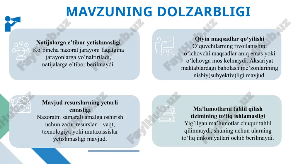 8-280-betlar maqsad va vazifalar maqsad vazifa maktablarda natijaga yo‘naltirilgan nazorat tizimining samaradorligini oshirish bo‘yicha taklif va tavsiyalar ishlab chiqish aniq konstruktiv strategiya ishlab chiqish; xalqaro talis tadqiqoti andazasidagi so‘rovnomalar o‘tkazib, mavjud bo‘shliqlarni aniqlash, baholash tizimini qabul qilish; zarur resurslar bilan ta’minlash, xodimlarga motivatsiya berib borish; faoliyat tahlili va samaradorlikni baholash hamda natijasi bo’yicha ma’lumotlar bazasini yaratish; maktab muvaffaqiyati haqida jamoatchilikka ma’lumotlarni taqdim etib, ularni xabardor qilib borish 5 singapurdagi maktablarda o‘qituvchilar va o‘quvchilarning muvaffaqiyati aniq natijalar orqali o‘lchanadi. "performance management system" tizimi orqali o‘qituvchilarning natijadorligi va kasbiy rivojlanishi tahlil qilinadi. hukumat maktablarga moliyaviy va metodik yordamni natijalar asosida ajratadi. "school excellence model" tizimi bo‘yicha maktablar o‘z strategiyasini ishlab chiqishiga imkon bersa, "principal autonomy" dasturi maktab direktorlariga boshqaruvda katta vakolatlar bergan. "accountability framework" bo‘yicha maktablar yillik hisobot tayyorlaydi. janubiy koreya – bu mamlakatda ta’lim tizimi davlat tomonidan juda qat’iy nazorat qilinadi va natijalarga asoslangan baholash tizimi mavjud. o‘quvchilar milliy imtihonlardan o‘tadi, …