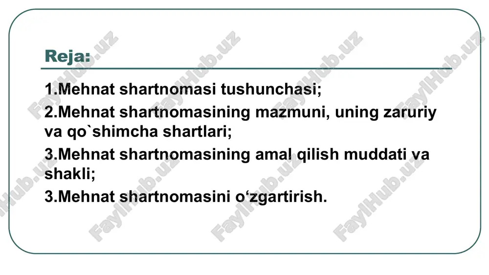 haqidagi kelishuvdir. mehnat shartnomasi shartlari xodimning mehnat vazifasi — mutaxassisligi. malakasi, u ishlaydigan lavozim; muddati; mehnat haqi miqdori ishning boshlanish kuni; ish joyi (korxona yoki uning bo`linmasi); 15.02.2023 - 15.02.2024 nomuayyan muddatga 3 yildan ko‘p bo‘lmagan muayyan muddatga ishga qabul qilishda talab qilinadigan hujjatlar pasport yoki uning o`rnini bosadigan id karta, tug‘ilganlik guvohnomasi; mehnat daftarchasi (2020 yil 1 yanvardan elektron); harbiy bilet yoki hisobda turganlik haqida guvohnoma; ma`lumoti bo`yicha diplom yoki guvohnoma, tegishli hujjat dastlabki sinov - muddati 3 oy (6 oy) - 7 ta toifaga qo‘llanilmaydi - dastlabki sinov natijalari - qonunchilik to‘liq tadbiq qilinadi yo`l qo`yilmaydi: o`zaro yaqin qarindosh yoki quda-anda bo`lgan shaxslarning (ota-onalar, aka-ukalar, opa-singillar, o`g`il va qizlar, er-xotinlar, shuningdek er-xotinlarning ota-onalari, aka-ukalari, opa-singillari va bolalari), basharti ulardan biri ikkinchisiga bevosita bo`ysunib yoki uning nazorati ostida xizmat qilish mehnat shartlari 02 mehnat shartlarini o‘zgartirish mehnat shartlarini o‘zgartirish, ular qaysi tartibda belgilangan bo‘lsa, shunday tartibda amalga oshiriladi. 01 …