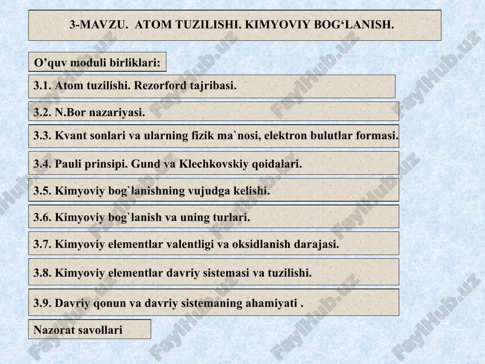 siteti rektori f. lindeman 1905 yilda “kislorod atomi halqa shakliga, oltingugurt atomi esa dumaloq non shakliga ega” degan tasavvurni ilgari surdi. kelvinning “uyurmaviy atom” nazariyasi ham davom etdi. unga binoan, atom chekuvchining og’zidan chiqayotgan tutun halqalariga o’xshaydi. ushbu nazariya haqida kirxgof shunday degan edi: “bu shunday go’zal nazariyaki, u qolgan barcha nazariyalarni yo’qotadi”. 1903 yilda tomson atomning shunday bir modelini ishlab chiqdiki, u yaratgan modelini quyidagicha - atom musbat elektr zaryadi bilan bir tekis to’ldirilgan sferadan iborat bo’lib ichida elektron joylashgan bo’ladi deb izoxlaydi (3.1-rasm). 3.1-rasm. tomson atom modeli sferaning yig’indi musbat zaryadi elektron zaryadiga teng bo’lganligi uchun atom bir butun holatda neytral sistema hisoblanadi. bunday atomning massasi esa uning butun hajmi bo’ylab bir tekis taqsimlangan. atom, ya’ni, sfera ichida kuchli elektr maydoni yuzaga kelmaydi. tomson tomonidan taklif etilgan ushbu atom modeli nazariy model edi. 1911 yilda ingliz olimi ernest rezerford va u boshchiligidagi guruh o’z tajribalari asosida tomson nazariyasining …