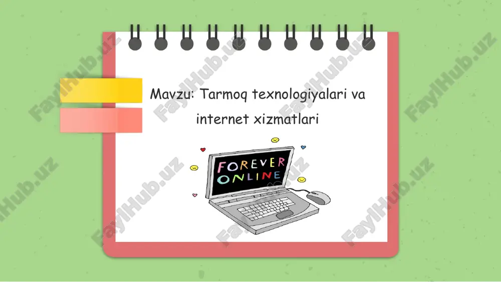 ir nechta yaqin binolardagi kompyuterlarni o‘zaro bog‘lagan tarmoq. mintaqaviy tarmoqlar-mamlakat, shahar, va viloyatlar darajasida kompyuterlarni va lokal tarmoqlarni maxsus aloqa yoki telekommunikasiya kanallari orqali o‘zaro bog‘lagan tarmoqlar. global tarmoqlar - o‘ziga butun dunyo kompyuterlarini, abonentlarini, lokal va mintaqaviy tarmoqlarini telekommunikasiya (kabelli, simsiz, sun’iy yo‘ldosh) aloqalari tarmog‘i orqali bog‘lagan yirik tarmoq. tarmoq taqdim etadigan hizmatlar. fayl server xizmati print server xizmati proksi server xizmati kompyuter va foydalanuvchi boshqaruvi xizmati kompyuter tarmog‘i topologiyasi (yaxlitlash, qiyofalash, tuzilish) deganda tarmoq kompyuterlarini bir-biriga nisbatan fizik joylashtirish va ularni aloqa liniyalari bilan ulashi tushiniladi. kompyuter tarmoqlarining topologiyalri shina (bus) shina (bus), bunda hamma kompyuterlar bir aloqa liniyasiga parallel ulanadi va har bir kompyuterdan axborot bir vaqtda hamma qolgan kompyuterlarga uzatiladi tarmoqning uchta asosiy topologiyalari yulduz (star), bunda bitta markaziy kompyuterga chetda qolgan kompyuterlar ulanadi, shu bilan birga har biri o‘zining alohida aloqa liniyalaridan foydalanadi halqa (ring), bunda har bir kompyuter axborotni har doim faqat bitta zanjirda …
