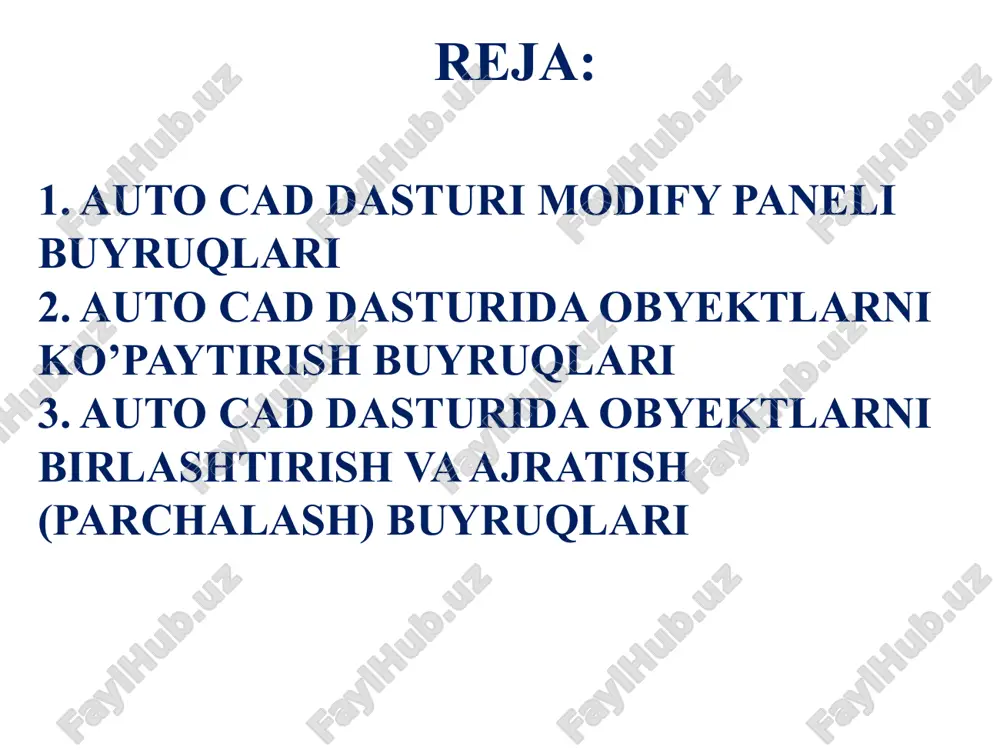 ug’i 3. polar array obyektlarni aylana bo’ylab ko’paytirish uchun ishlatiladi. 3. polar array aktivlashtiriladi, obyekt tanlanadi enter, markaz ko’rsatiladi, soni kiritiladi enter. izoh: obyekt aylanada joylashgan bo’lishi kerak. 1 2 3 move buyrug’i move buyrug’i obyektlarni siljitish uchun ishlatiladi. move aktivlashtiriladi, obyekt tanlanadi enter, obyektni ushlab ixtiyoriy joyga qo’yiladi yoki masofa kiritiladi. move buyrug’i f8 yoqilgan holatda faqat to’g’ri chiziq bo’ylab ko’chiriladi. rotate buyrug’i rotate- buyrug’i obyektlarni ma’lum burchakka burish uchun ishlatiladi. rotate aktivlashtiriladi, obyekt tanlanadi enter, tayanch nuqta ko’rsatiladi va burchak o’lchovi kiritiladi. scale buyrug’i scale buyrug’i obyektlarni kattalashtirish(5.0) va kichiklashtirish (0.5) uchun ishlatiladi. scale aktivlashtiriladi, obyekt tanlanadi enter, tayanch nuqta ko’rsatiladi va o’lcham kiritiladi enter. trim buyrug’i trim buyrug’i obyektlarni kesishgan qismlarini o’chirish uchun ishlatiladi. trim aktivlashtiriladi, kesishgan chiziqlardan qoladiganlari tan-lanadi enter yoki probel va keraksiz chiziqlar tanlanadi. trim aktivlashtiriladi, probel va keraksiz chiziqlar tanlanadi. extend buyrug’i extend buyrug’i chiziqlarni yetkazib qo’yish uchun ishlatiladi. extend aktivlashtiriladi, chiziq tanlanadi …