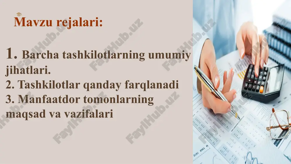 rxonalar foyda olish uchun mavjud. boshqalar, armiya kabi, foyda olish uchun emas. (e) huquqiy maqom. tashkilotlar mas'uliyati cheklangan jamiyatlar yoki shirkatlar bo'lishi mumkin. (f) hajmi. biznes kichik oilaviy biznes yoki ko'p millatli korporatsiya bo'lishi mumkin. g) moliyalashtirish manbalari. korxonalar banklardan qarz olish yoki davlat mablag'lari yoki aktsiyalarni chiqarish yo'li bilan moliyalashtirishi mumkin. (h) texnologiya. kompaniyalar texnologiyadan foydalanishning turli darajalariga ega. misol uchun, kompyuter firmalari texnologiyadan keng foydalanadilar va burchak do'konlar esa juda kam. tashkilotlar har xil turdagi ishlarni bajaradilar. mana bir nechta misollar. sanoat faoliyat qishloq xo'jaligi oziq-ovqat mahsulotlarini ishlab chiqarish va qayta ishlash ishlab chiqarish xom ashyoni sotib olish hamda mehnat va texnologiyadan foydalangan holda ularni mahsulotga aylantirish (masalan, avtomobil) ekstraksiya / xom ashyo xom ashyoni qazib olish va qayta ishlash (masalan, tog'-kon sanoati) energiya bir resursni (masalan, ko'mir) boshqasiga (masalan, elektr energiyasiga) aylantirish chakana savdo / tarqatish tovarlarni oxirgi iste'molchiga yetkazib berish intellektual ishlab chiqarish intellektual mulk ishlab …