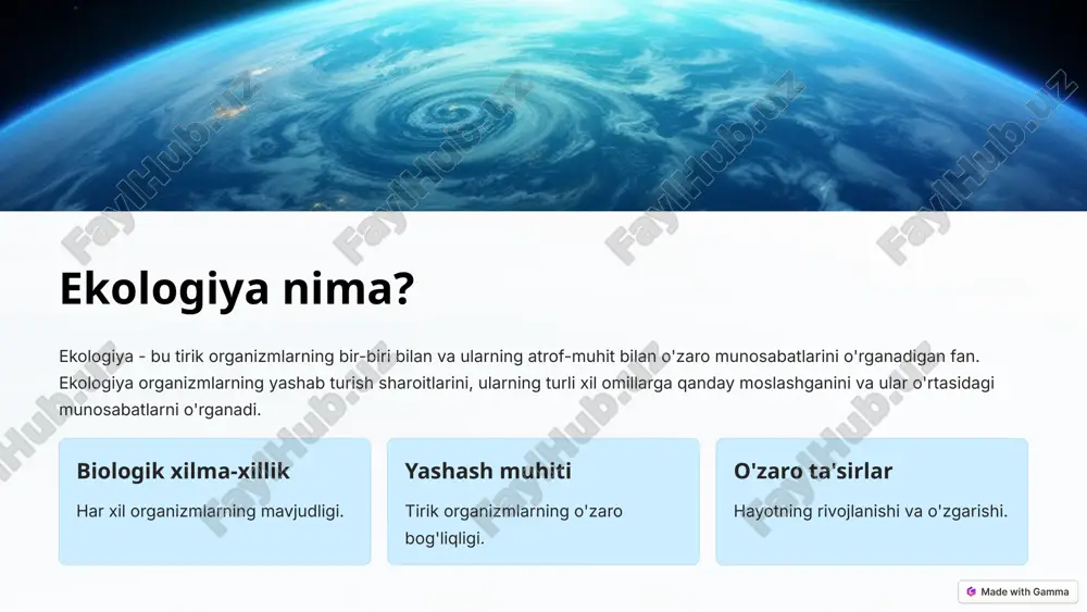 ik ultrabinafsha nurlanish darajasining oshishi 6 suv resurslari va ularning ifloslanishi suv resurslari cheklangan va ularning ifloslanishi tirik organizmlar uchun xavf tug'diradi. qishloq xo'jaligi chiqindilari pestitsidlar, o'g'itlar. sanoat chiqindilarikimyoviy moddalar, og'ir metallar. uy chiqindilari yuvish vositalari, oqava suvlar. 7 tuproq tarkibidagi o'zgarishlar tuproq tarkibida o'zgarishlar o'simliklarning o'sishi va hayvonlarning yashab turishiga salbiy ta'sir ko'rsatadi. eroziya suv va shamol tomonidan tuproqning yuvilib ketishi. tuproqning yo'qolishi o'g'itlarning haddan tashqari foydalanilishi tuproqning unumdorligini kamaytiradi. ifloslanish kimyoviy moddalar, o'g'itlar tuproqqa kirib, uning sifati pasayadi. 8 o'simlik va hayvonot dunyosining buzilishi o'simlik va hayvonot dunyosining buzilishi bioxilma-xillik yo'qotilishiga olib keladi. bioxilma-xillik har xil turdagi o'simlik va hayvonlarning mavjudligi. habitat yo'qotilishi o'simlik va hayvonlarning yashab turish muhitining yo'qolishi. 9 ekologik muammolarni bartaraf etish yo'llari ekologik muammolarni bartaraf etish uchun hamma birgalikda harakat qilishlari kerak. 1 energiya tejash qayta tiklanadigan energiya manbalaridan foydalanish. 2 chiqindilarni qayta ishlash qog'oz, plastik, shisha va boshqa materiallarni qayta ishlash. 3 o'simlik …