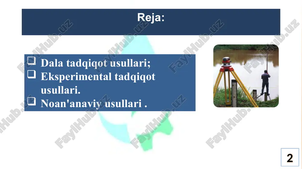 postlari faoliyat 10 bugungi kunda er yuzidagi yirik daryolar bilan bir qatorda, suv to‘plash maydoni atigi bir necha o‘n km2 ni tashkil etadigan daryolarda ham minglab suv o‘lchash stansiyalari va postlari faoliyat ko‘rsatmoqda. mamlakatimiz daryolari, ko‘llari, suv omborlari va muzliklarida 11 mamlakatimiz daryolari, ko‘llari, suv omborlari va muzliklarida statsionar kuzatish ishlarini amalga oshirish, asosan, o‘zbekiston respublikasi vazirlar mahkamasi huzuridagi gidrometeorologiya xizmati markazi – o‘zgidrometga yuklatilgan. masalan, respublikamiz daryolarida, 2012 yil holatiga ko‘ra, o‘zgidrometga qarashli 4 ta birinchi razryadli, 6 ta ikkinchi razryadli gidrologik stansiyalar va 122 ta gidrologik postlarda kuzatishlar olib borilgan. ayrim hollarda statsionar usuldagi tadqiqotlar 12 ayrim hollarda statsionar usuldagi tadqiqotlar tegishli vazirliklar, muassasalar, masalan, qishloq va suv xo‘jaligi vazirligi, tarmoq ilmiy-tadqiqot institutlariga qarashli bo‘lgan kuzatuv joylarida ham amalga oshiriladi. masalan, yuqorida qayd etilganidek, 2012 yil holatiga ko‘ra, respublikamizda qishloq va suv ho‘jaligi vazirligiga qarashli 5 ta, geslarda esa 3 ta gidrologik postlar faoliyat ko‘rsatmoqda. ekspeditsiya usuli ekspeditsiya …