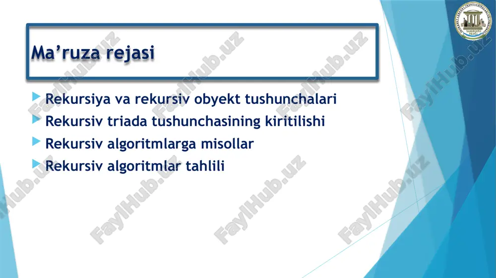 aat bo’lsa rekursiv deb ataladi. yuqoridagi faktorialni hisoblash funksiyasi qayta e’tiborni qaratamiz: longint factor (int n) { if (n 0 bo’lsa, factorial funksiyasi o’zini o’zi chaqiradi. 7 rekursiya chuqurligi shuning uchun ham rekursiyani qo’llashda quyidagilarga alohida e’tibor berish kerak: funksiya tarkibida o’zini o’zi chaqirishlar soni – rekusiya chuqurligi deyiladi. yuqoridagi faktorialni hisoblash algoritmida rekursiya chuqurligi n ning qiymatiga bog’liq. rekursiya chuqurligi – yetarli darajada kichik bo’lishi shart (!!!). katta chuqurlikdagi rekursiyadan foydalanish dasturda uzoq vaqt ishlash va stekning to’lib ketishiga (stekli xotiraning yetishmovchiligi) olib keladi. shuning uchun ham, agar masalani rekursiyasiz ham yechish mumkin bo’lsa, u holda rekursiyani qo’llash tavsiya etilmaydi. 8 faktorialni rekusiv funksiyasi: longint factor (int n) { if (n 1 bo’lsa, masalani uchta bosqichga ajratamiz: 1. birinchi n - 1 disklarni a dan c ga b minoradan foydalanilgan holda rekursiv o’tkazish. 2. disk n ni a dan b ga o’tkazish. 3. n - 1 disklarni c dan …