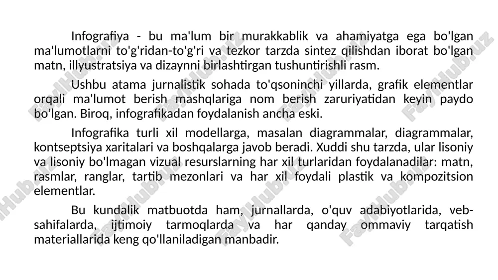 idagi qismlardan iborat: sarlavha. agar kerak bo'lsa, bu subtitr bilan birga bo'lishi mumkin; tushuntirish va izohlash mezonlarini taqdim etadigan qisqacha matn; xabar markaziga ishora qiluvchi va barcha grafik elementlarni va qo'llab-quvvatlovchi tipografiyani o'z ichiga olgan tanasi; axborot manbai. infografikaning xususiyatlari u har doim kontekstga qarab sarlavha yoki sarlavha bilan boshqariladi; siz savollarga javob berishingiz kerak: nima, kim, qachon, qaerda, qanday va nima uchun; bu oson tushunarli bo'lishi kerak; u biron bir masala bo'yicha iloji boricha ko'proq ma'lumotlarni sintez qilishi kerak; tasvirlardan foydalanish majburiydir; tasvirlar aniq bo'lishi kerak; matn aniq va qisqa bo'lishi kerak; u shunday qat'iylikka ega bo'lishi kerakki, ular kiritilgan maqolaga nisbatan avtonomiyaga ega bo'lishlari mumkin; unda hech qanday xato, nomuvofiqlik yoki qarama-qarshilik bo'lmasligi kerak. infografika turlari (uning tarkibiy tuzilishiga ko'ra) grafika ular statistik ma'lumotlarning grafik, ya'ni vizual tarzda aks ettirilishidir, shunda uning tushunchasi sodda va tezroq bo'ladi. ular bar, pirojnoe, koordinatali tizim va boshqalar kabi turli xil manbalardan …