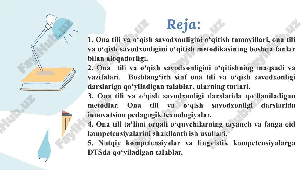 i - mashqlar va yozma ishlarning izchil tizimini ishlab chiqadi, ya’ni “qanday o‘qitish kerak?” savoliga javob tayyorlab beradi. 3. o‘quvchilarga ona tilidan bilim berish va ko‘nikma hosil qilishda ilmiy nuqtai nazardan eng foydali shart-sharoitlar haqidagi masalalarni hal qiladi, ya’ni “nega xuddi mana shunday o‘qitish kerak?” savoliga javob tayyorlaydi. eng foydali materiallarni o‘rganadi, tanlangan metodlarni asoslaydi, tavsiyalarni eksperimental tekshiradi. boshlang‘ich sinflarda ona tili o‘qitish metodikasi fani quyidagi vazifalarni bajaradi: a) boshlang‘ich sinflarda ona tili kursining mazmuni, hajmi va mavjud tizimini, ya’ni kursning (xat-savod o‘rgatish, o‘qish, grammatika, imlo, nutq o‘stirish va hok.) dasturini belgilash va asoslash; b) o‘qish va yozuvdan bilim va ko‘nikmalarning shakllanishi jarayonini hamda bu jarayonda o‘quvchilar duch keladigan qiyinchiliklarni o‘rganish, xatolarning sababini tahlil qilish, ularning oldini olish va to‘g‘rilashga yordam beradigan ish turlarini ishlab chiqish; v) ona tilidan beriladigan o‘quv materialini o‘quvchilar aniq tushunishi va puxta o‘zlashtirishiga, ularda olgan bilimlarini amaliyotda tatbiq eta olishga va o‘quvchilarning umumiy taraqqiyotiga, ya’ni …