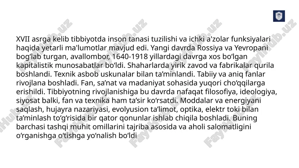 li asari chop etildi, bu asarida tirik organizmda kechadigan jarayonlar uchun energiyani saqlash qonunini matematik asoslab berdi. fiziologik akustika, sohasi bo‘yicha kombinasialashgan tonlarni kashf etdi va quloqning modelini yasadi. ko'zning akkomodatsiya va ranglarni ajratish xossalarini o'rgandi. djovanni battista morgan’i 1761 yilda 6 bobdan iborat bo‘lgan “diseksiya usuli orqali, kasalliklarning sabablari va kelib chiqishi to‘g‘risidagi” asarini yozdi. bu asar inson organizmidagi kasalliklarning lokalizasiyasini (joylashishi, tarqalishi) va kelib chiqishini o‘rganish va tushunishdagi birinchi qadam bo‘ldi. mari fransua ksav’e bisha turli organ to‘qimalarining patologik o‘zgarishlarini chuqur o‘rgandi, u birinchilardan boiib, turli organlarning hayoti faoliyatini turli to'qimalar funksiyalari birgalikda amalga oshirilishini, shuningdek organ to'qimalarining zararlanishi (tkanevaya patologiya) organlardagi patologik jarayonlarning hosil bo‘lishiga olib kelishini isbotlab berdi. rudol’f virxov - hujayra (hujayra nazariyasi) patologiyasini yaratdi va “hujayra nazariyasi, fiziologik va patologik gistologiya fanining asosi fan sifatida” maqolasida yoritib berdi (1858). r. virxov birinchilardan bo‘lib, yallig‘lanishning, leykositoz, emboliya, tromboz, flebitlar, leykemiya va buyrakning amiloidoz holatini, yog‘ …