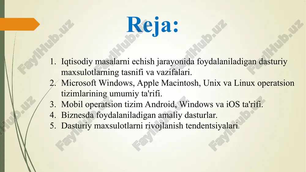 va qurilma oʼrtasidagi muloqotni taʼminlab beradigan vositadir. operatsion tizimlardan eng taniqlilari bu microsoft firmasining ms-dos, windows operatsion tizimlari, apple firmasining macintosh – macos operatsion tizimi, unix va linux operatsion tizimlari. operatsion tizimlarning asosiy vazifalariga: fayl tizimini boshqarish (yozish, o’zgartish, fayllardan nusxa ko’chirish, erkin foydalanishni nazorat qilish); dasturlar bajarilishini boshqarish(protsessor vaqtini taqsimlash, dasturlarni diskdan tezkor xotiraga yuklash, yashirin xavfli ta`sirni tutib olish va h.q.); xotirani boshqarish (keshlash, taqsimlash, ma`lumotlar butligi nazorati va h.k.); foydalanuvchi bilan muloqot (klaviaturadan, sichqonchadan buyruqlarni o’qish, axborotni ekranga, printerga chiqarish va h.k.)kiradi. operatsion tizim funksiyalari. operatsion tizim (ot) tushunchasi qisqacha izohlanadigan bo‘lsa, bu boshqaruv dasturidir. os bu kompyuterning fizik va dasturiy resurslarini taqsimlash va ularni boshqarish uchun ishlatiladigan dastur. kompyuter resurslari ikki xil: fizik va dasturiy resurslarga bo'linadi. fizik resurslarga: xotira; vinchester; monitor; tashqi qurilmalar; va shu kabilar kiradi. dasturiy resurslar bu: kiritish va chiqarishni boshqaruvchi dasturlar; kompyuter ishlashini ta’minlaydigan boshqaruvchi dasturlar; berilganlarni tahlil qiluvchi dasturlar; drayverlar; …