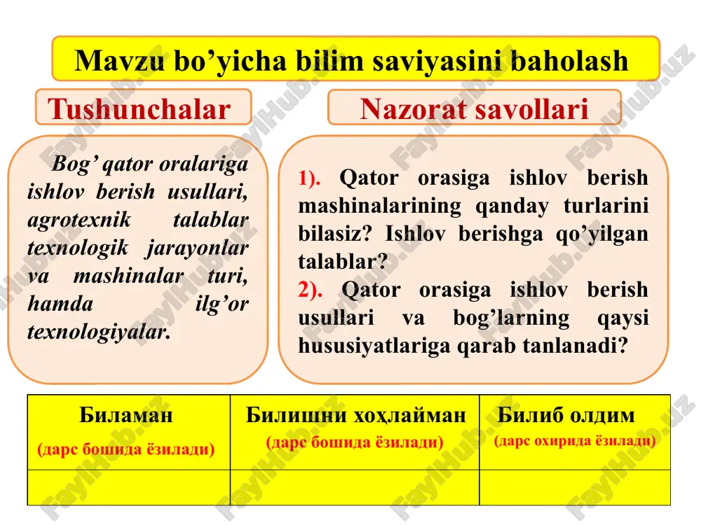 rida 2-3 marotaba mineral o‘g‘it bilan oziqlantiriladi. o‘g‘itlar chuqur (10-12sm) beriladi va iloji boricha ortidan sug‘orish yaxshi natija beradi. har bir suvdan so‘ng suv qo‘yilgan jo‘yaklarni yumshatish zarur. bog‘bop pluglar bog‘lardagi daraxtlar tez o‘sishi, rivojlanishi va hosildorligini oshirish uchun, daraxt osti va oralaridagi tuproqqa muntazam ravishda ishlov berib turish talab qilinadi. to‘g‘ri ishlov berilgan tuproqdagi harorat, namlik optimal me’yorda saqlanib, mikroorganizmlar faoliyati yaxshilanadi. begona o‘tlar va zararkunandalar kamayadi. bog‘dagi daraxtlar orasidagi tuproqqa ishlov berishning chuqurligi va turi u yerdagi sharoitga qarab belgilanadi. misol uchun, olcha va olxo‘ri ildizlari yuzaki qatlamda rivojlanishi sababli, ular ekilgan joylarga yuza, ammo, tuproqni kuchliroq maydalaydigan mashinalar bilan ishlov berish ma’qul bo‘ladi. olma va nok ildizlari chuqur joylashgan bo‘ladi, demak u yerga chuqurroq ishlov berish mumkin. daraxtlar oralig‘idagi tuproqqa ishlov berishda o‘simliklar ildizi va zangini shikastlantirmaslikka, ular atrofida ishlov berilmasdan qolgan yerni iloji boricha kamaytirishga, tuproq uyumlari va kerak bo‘lmagan ariqchalarni hosil qilmaslikka intilish kerak. bog‘lardagi …