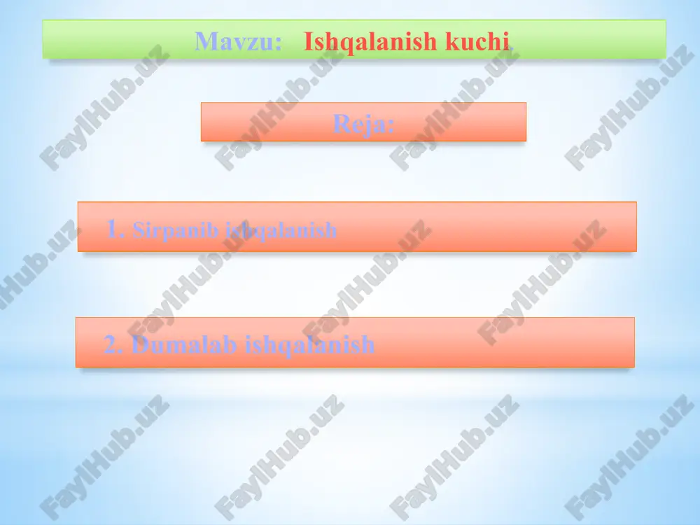 ta’kidlangan, ya’ni: fmax=fn (1) 1-shakl q bu yerda n-normal bosim, f-proporsionallik koeffitsienti. bu ishqalanish koeffitsienti deyiladi. (1) tenglamadan ko’rinadiki, ishqalanish koeffitsienti f o’lchovga ega bo’lmagan miqdordir. u jismlarning moddiyligiga, ular sirtlarining fizik holatlariga (g’adir-budurligi, namlik, harorat va boshqalarga) bog’liq bo’ladi. ishqalanish koeffitsienti tajribalar yordamida aniqlanadi. odatda tavsif qilingan tajribadan foydalanish qulayroq. ishqalanishda (1) tenglama o’rinlidir, faqat harakatdagi ishqalanish koeffitsienti, statik ishqalanish koeffitsientidan birmuncha kamroqdir. shunday qilib bog’lanishning to’liq reaksiyasi max normal reaksiya va unga perpendikulyar bo’lgan ishqalanish kuchlarining yig’indisidan iborat bo’lib, normal bilan qandaydir  burchak tashkil qiladi. ishqalanish kuchi noldan fmax gacha o’zgarganda, to’liq reaksiya dan rmax gacha, uning normaldan og’ish burchagi noldan  gacha o’zgaradi. to’liq reaksiyaning sirtning normali bilan tashkil qilgan burchakning maksimal miqdori -ishqalanish burchagi deb ataladi. (2-shakl) ishqalanish kuchi urinma tekislikda ixtiyoriy yo’nalishni oladi, chunki sirpantiruvchi kuchga bog’liq. bog’lanishning to’liq reaksiyasi yo’nalishini olishi mumkin bo’lgan geometrik o’rni, qandaydir, uchi jismlarning tegishib turgan nuqtasida bo’lgan konus …