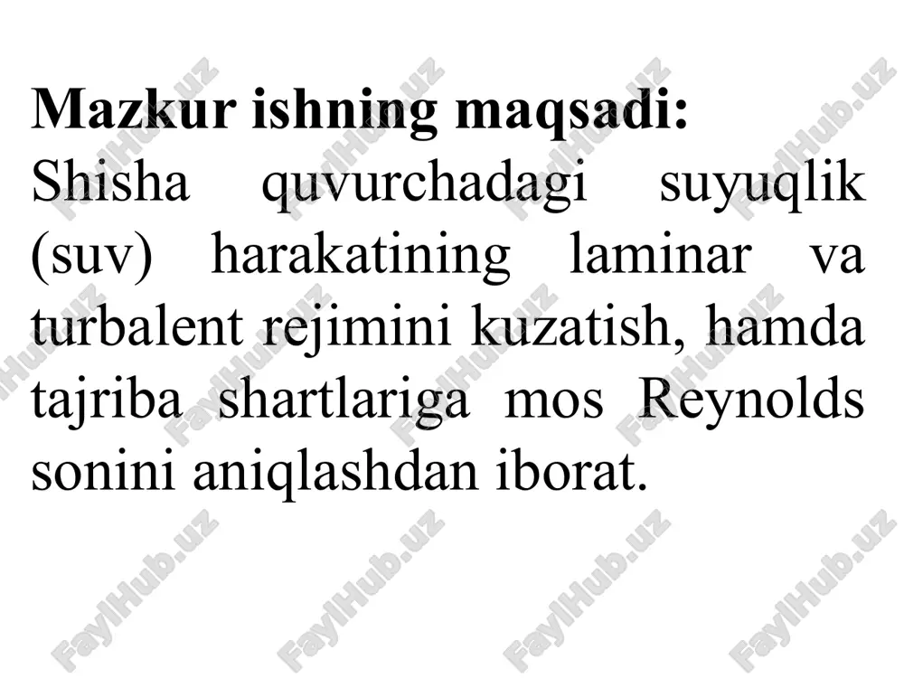 m re<rekr=2300 da kuzatiladi. laminar rejimdagi gidravlik qarshiliklar birinchi darajali tezlikka, birinchi kuchdagi tezlik bilan mutanosib, turbulentdagilari esa "m”darajadagi tezlikka mutanosibdir, bunda m=1.75 ÷ 2.0. uskuna tarkibi va ish bajarish tartibi suv harakati rejimlarini kuzatish uchun reynolds asbobi deb nomlanadigan uskuna qo‘llaniladi. uskuna sxemasi 1-rasmda keltirilgan. reynolds asbobining asosiy qismi bo‘lib o‘rganilayotgan suv oqimi o‘tuvchi shisha quvurcha (2) xizmat qiladi. quvur o‘tkazgich 5 dan suv tinchlantirgich 8 ning qopqog‘i ostiga va napor qozoni 1ga uzatiladi; qozonda suv sathi pereliv 6 yordamida bir xil saqlanib turadi. suv qozondan konus naycha – soplo orqali tartiblashtiruvchi kran va chiqarib tashlovchi quvurcha bilan tugaydigan shisha quvurcha 2 ga uzatiladi. chiqarib tashlovchi quvurchadan suv berkituvchi kran va shkalali suv o‘lchash quvurchaga ega o‘lchov idishiga tushadi. idish 3 da qisqich orqali rezina quvurcha bo‘ylab o‘rganilaetgan oqimga uzatili beriluvchi bo‘yoq bo‘ladi. uskunani bo‘shatish uchun kran va quvurcha 7 xizmat qiladi. termometr suv haroratini o‘lchash uchun xizmat qiladi. …