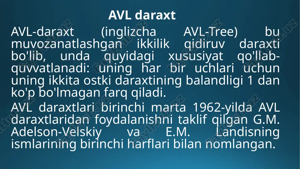 'rib chiqaylik: • hl=hr. yoqilgandan so'ng, l va r har xil balandliklarga aylanadi, ammo muvozanat mezonlari buzilmaydi; • hl hr. yoqilgandan so'ng muvozanat mezonlari buziladi va daraxtni qayta qurish kerak. muvozanatlashgan daraxtlar shunday qilib, biz avl daraxtiga yangi tugunni kiritish uchun umumiy algoritmni tuzamiz: 1. kiritilgan daraxtning ichida emasligiga ishonch hosil qilish uchun daraxtni aylanib o'tish; 2. yangi uchni kiritish va natijada balans ko'rsatkichini aniqlash; 3. qidiruv yo'li bo'ylab "orqaga chekinish" va har bir uchda balans ko'rsatkichini tekshirish. agar kerak bo'lsa, muvozanatni saqlash. amalda avl balansini tiklashning 4 algoritmi qo'llaniladi:muvozanat ko'rsatkichlari qiymatiga qarab tanlangan kichik va katta chap burilish, kichik va katta o'ng burilish (rasm) kichik chap burilish algoritmi kichik o’ng burilish algoritmi katta chap burilish algoritmi katta o’ng burilish algoritmi muvozanatlashgan daraxtlar rasmlarda to'rtburchaklar pastki daraxtlarni bildiradi, ichidagi raqamlar kichik daraxtlarning raqamlari, tugunlar yonidagi raqamlar balans ko'rsatkichlari. balanslash algoritmi chap tomonga burilishning quyidagi misolida keltirilgan. boshlang’ich daraxt muvozanatlashgan daraxtlar …