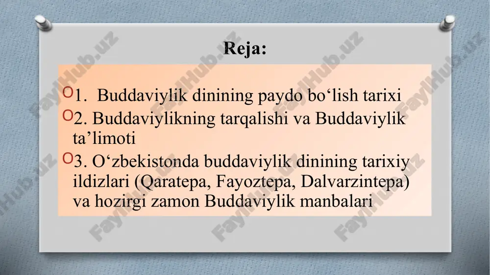 mmunal hayot qoidalarini o'z ichiga olgan vinaya-pitaka; sutra-pitaka, buddaning va yuqori martabali shogirdlarning va'zlari; va buddist tushunchalari talqini va tahlillarini o'z ichiga olgan abhidharma-pitaka . tripitaka – siddxarta gautama vafoti (nirvana erishgan)dan so‘ng qisqa vaqt o‘tib (mil.av. v-iii asrlar) yaratilgan buddizm muqaddas matnlari to‘plami. u ko‘p asrlar davomida og‘zaki shaklda bo‘lib keldi. miloddan avvalgi 29 yil shri lankada bo‘lib o‘tgan “iv buddistlar sobori”da avloddan-avlodga og‘zaki ko‘rinishda o‘tib kelayotgan tripitakaning yozma holatga keltirishga qaror qilindi. buddizm dini tarafdorlari orasida ulkan miqdordagi matnlarni o‘z ichiga olgan tripitakaning bir necha variantlari mavjud. ularning ichidan eng mashhuri va keng qo‘llaniladigani xinayana yo‘nalishiga mansub “pali qonunlari” (tripitakaning nomlaridan biri) hisoblanadi. bu yozuvlar saqlangan ibodatxona dunyo buddaviyliklarining muqaddas joyiga aylantirilgan. buddaviylik ruhoniylari xalqaro miqyosda uning mavqeini kuchaytirishga harakat qilmoqdalar. shu maqsadda buddaviylikning` turli tashkilotlarini birlashtirmoqdalar, buddaviyliklarning xalqaro konferenstiyalari, s`ezdlarini muntazam o`tkazmoqdalar. buddaviylikning bir necha xalqaro tashkilotlari mavjud. ulardan eng yirigi jahon buddaviyliklari qardoshligidir. u 1950 yili …