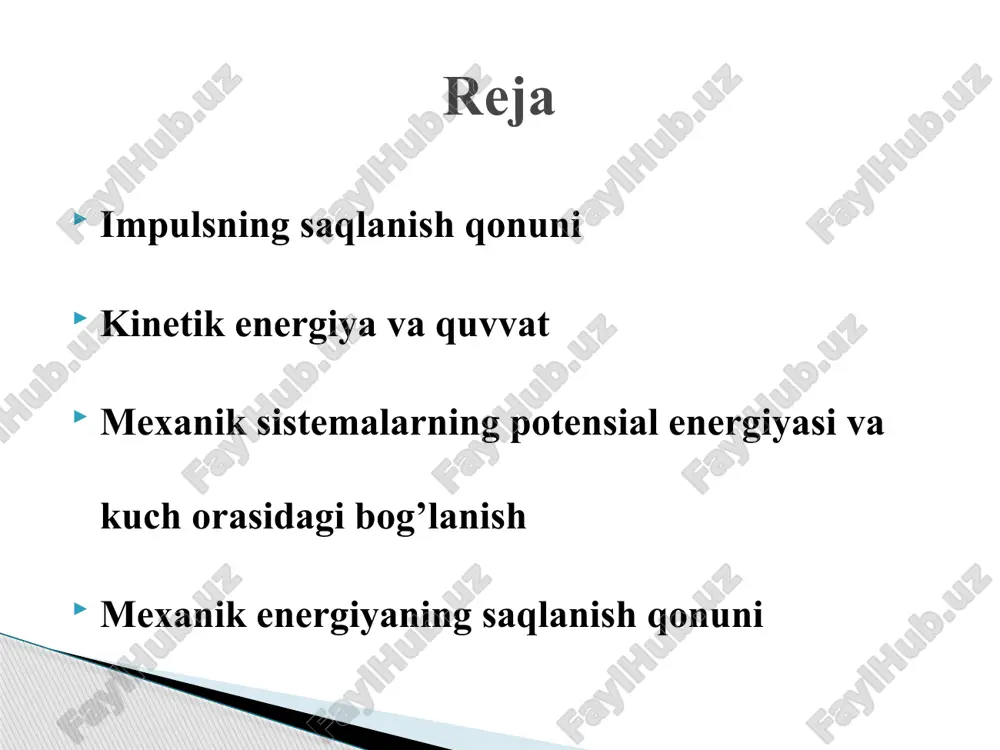 vektoriga skalyar ko’paytmasiga teng. kinetik energiya va quvvat kinetik energiya va quvvat mexanik sistemalarning potensial energiyasi va kuch orasiagi bog’lanish modomiki ekan, u holda bu yerdan gamilton operatori yoki nabla operatori deb ataluvchi simvolik vektorni bildiradi potensial energiyaga misollar h balandlikdagi m massali jismning potensial energiyasi. elastik deformatsiyalanuvchi jism potensial energiyasi mexanik sistemalarning potensial energiyasi va kuch orasiagi bog’lanish sistemaning to’la mexanik energiyasi – mexanik harakat va o’zaro ta’sir energiyasi – kinetik va potensial energiyaning yig’indisiga teng. energiyaning saqlanish qonuni: o’zaro faqat konservativ kuchlar bilan ta’sirlashadigan jismlar sistemasining to’la mexanik energiyasi saqlanadi, ya’ni vaqt o’tishi bilan o’zgarmaydi. energiyaning saqlanish qonuni tabiatning fundamental qonunidir. u vaqtning bir jinsliligi natijasi hisoblanadi – ya’ni vaqt sanoq boshini tanlashga nisbatan fizik qonunlarning invariantligi. konservativ sistemalarda to’la mexanik energiya o’zgarmay qoladi. faqat kinetik energiyani potensial energiyaga va aksincha ekvivalent miqdorda aylanishlari sodir bo’lishi mumkin. mexanik energiyaning saqlanish qonuni e’tiboringiz uchun rahmat image1.jpeg image2.wmf image3.wmf image4.wmf …